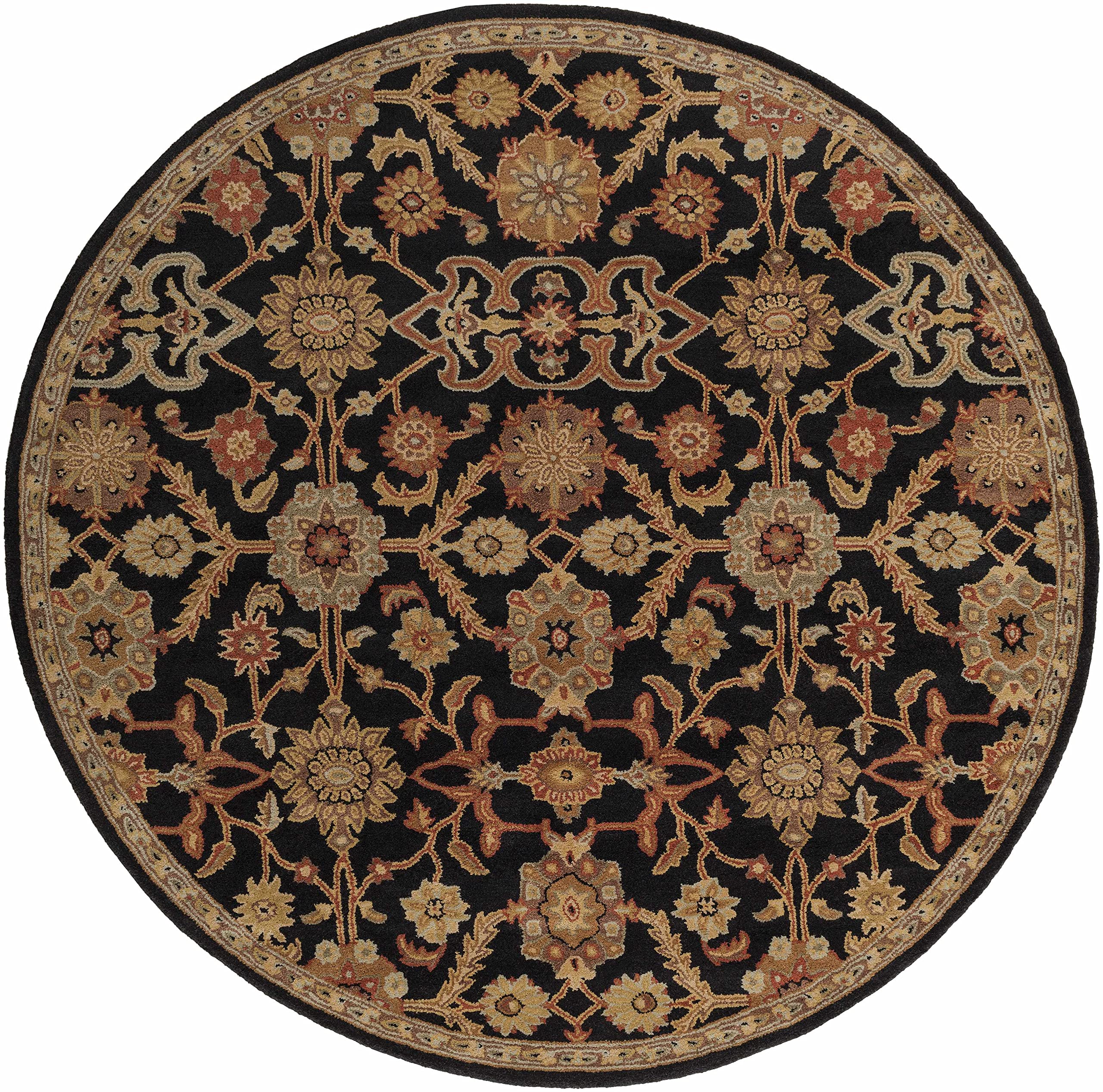 Hauteloom Salix Wool Area Rug for Living Room & Bedroom - Traditional Design in Black, Brown, Red - 6' Round - Soft & Durable Home Decor for Cozy Spaces