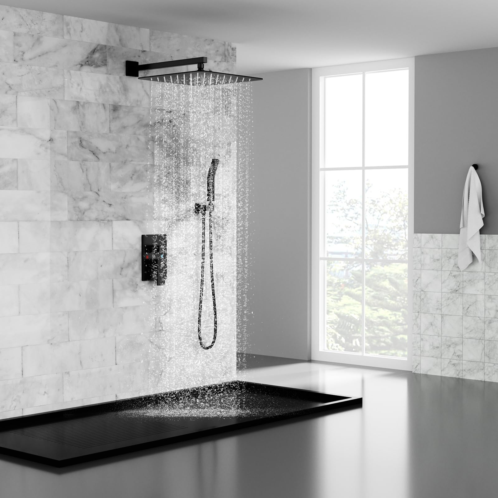 SR SUN RISE Matte Black Square Rainfall Shower Head and Handle Set - 16 Inch Wall Mounted Shower Fixtures with Metal Faucet Trim & Valve | Perfect for Bathroom Renovation & Spa-Like Shower Experience