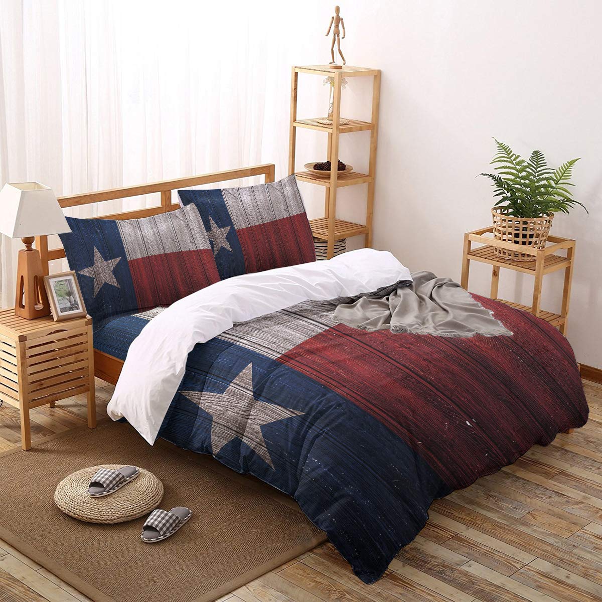 4-Piece Texas Flag Duvet Cover Set Queen Size - 1 Comforter Cover, 2 Pillowcases, 1 Flat Sheet - Vintage Wooden Board Design - Soft, Breathable & Durable Bedding for Kids, Teens & Adults - Perfect for Home Decor, Guest Rooms & Patriotic Bedroom Themes