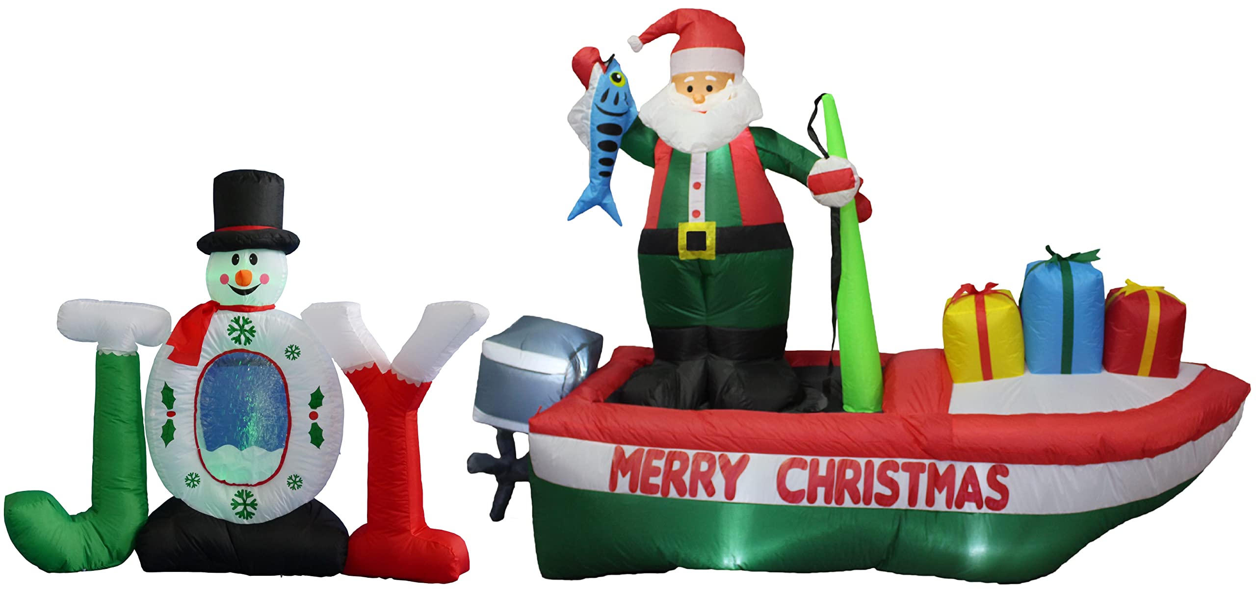 Christmas Party Decorations Bundle - 4ft Inflatable Joy Snowman Snow Globe & 8ft Inflatable Santa Claus on Fishing Boat - Perfect for Outdoor Yard Decor, Holiday Parties & Festive Home Decorations