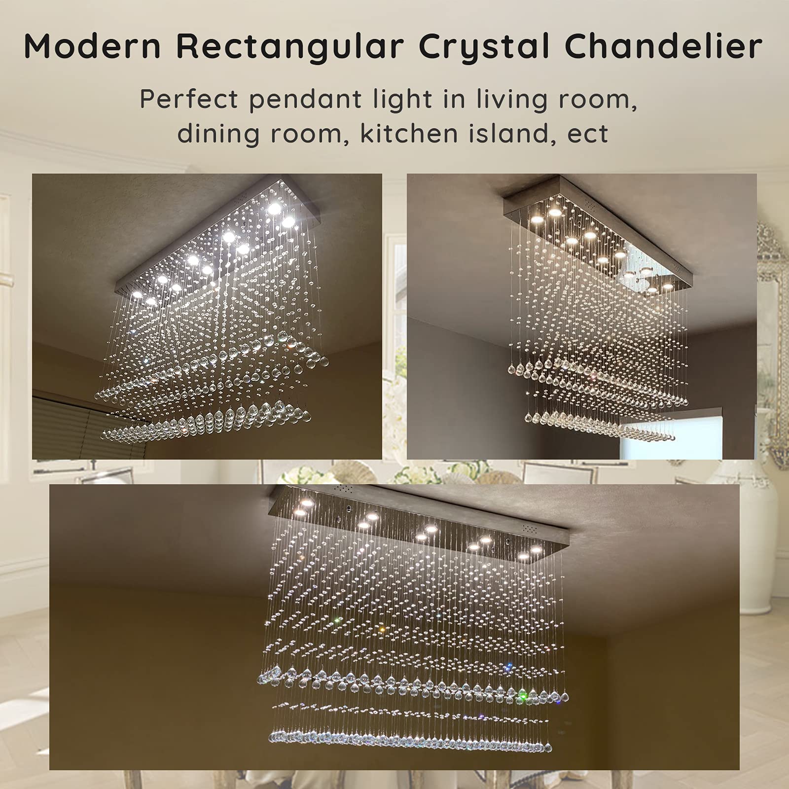 Moooni Modern Rectangular Crystal Chandelier - 10-Light Raindrop Pendant Ceiling Light Fixture for Dining Room, Foyer, Kitchen (47