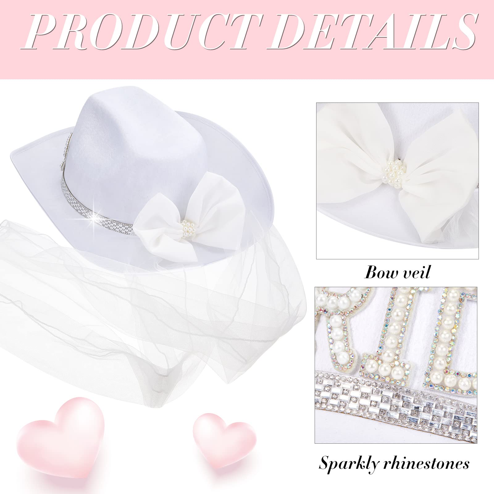 SATINIOR White Cowgirl Hat with Veil - Bridal Cowboy Hat with Bride Sash for Bachelorette Party, Country Wedding, Bridal Shower & Engagement - Perfect for Western Themed Weddings, Photo Shoots & Country Style Celebrations