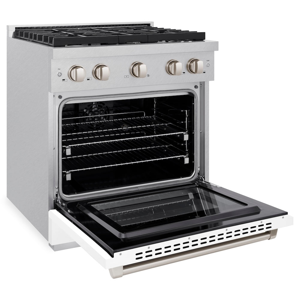 ZLINE 30-inch 4.2 cu. ft. Dual Fuel Range with 4-Burner Gas Cooktop & Electric Convection Oven - Satin Stainless Steel with White Matte Door (SDRS WM 30) - Perfect for Modern Kitchens, Home Chefs & Professional Cooking