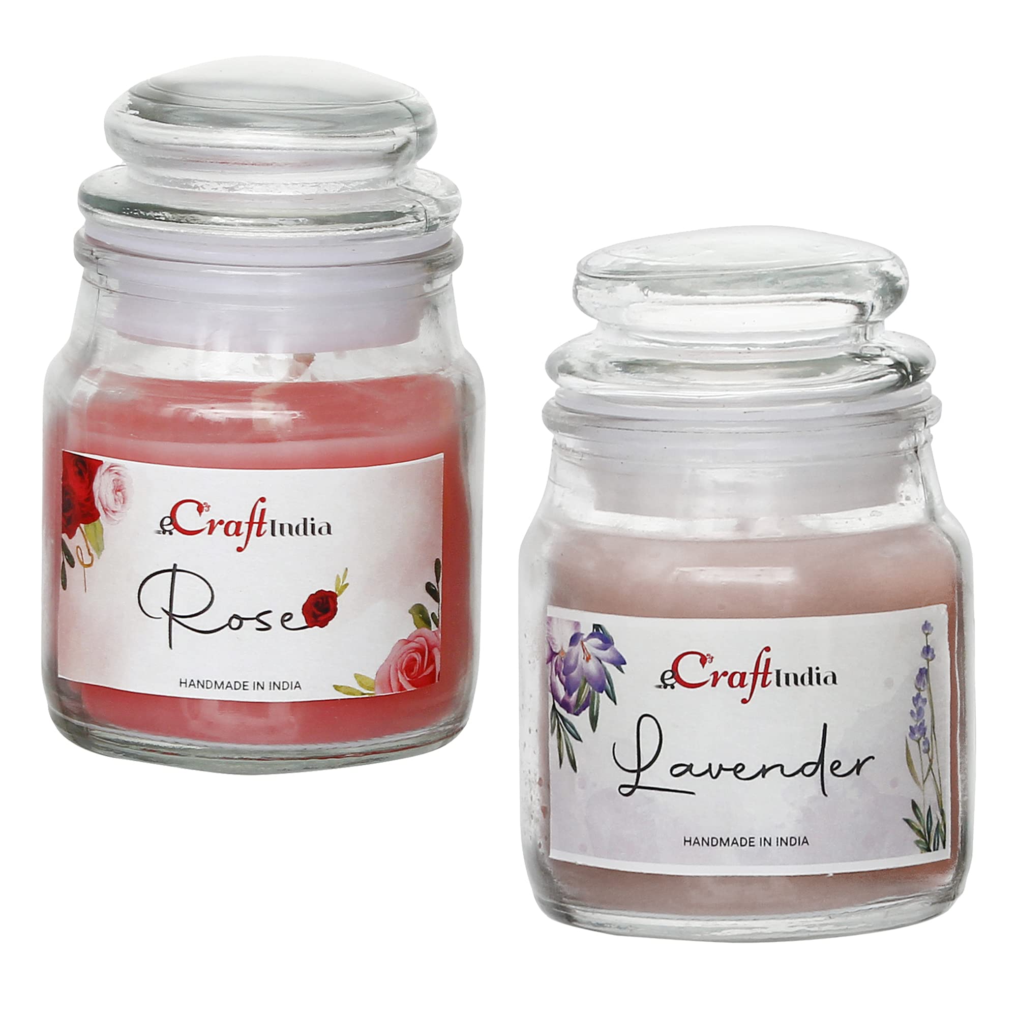 eCraftIndia Set of 2 Lavender Rose Scented Jar Candles for Home Decor, Bedroom, Bathroom | Aromatherapy Gifts for Diwali, Christmas, Birthday | Handmade Soy Wax Candles with Essential Oils | Perfect for Relaxation, Meditation & Creating Cozy Atmosphere