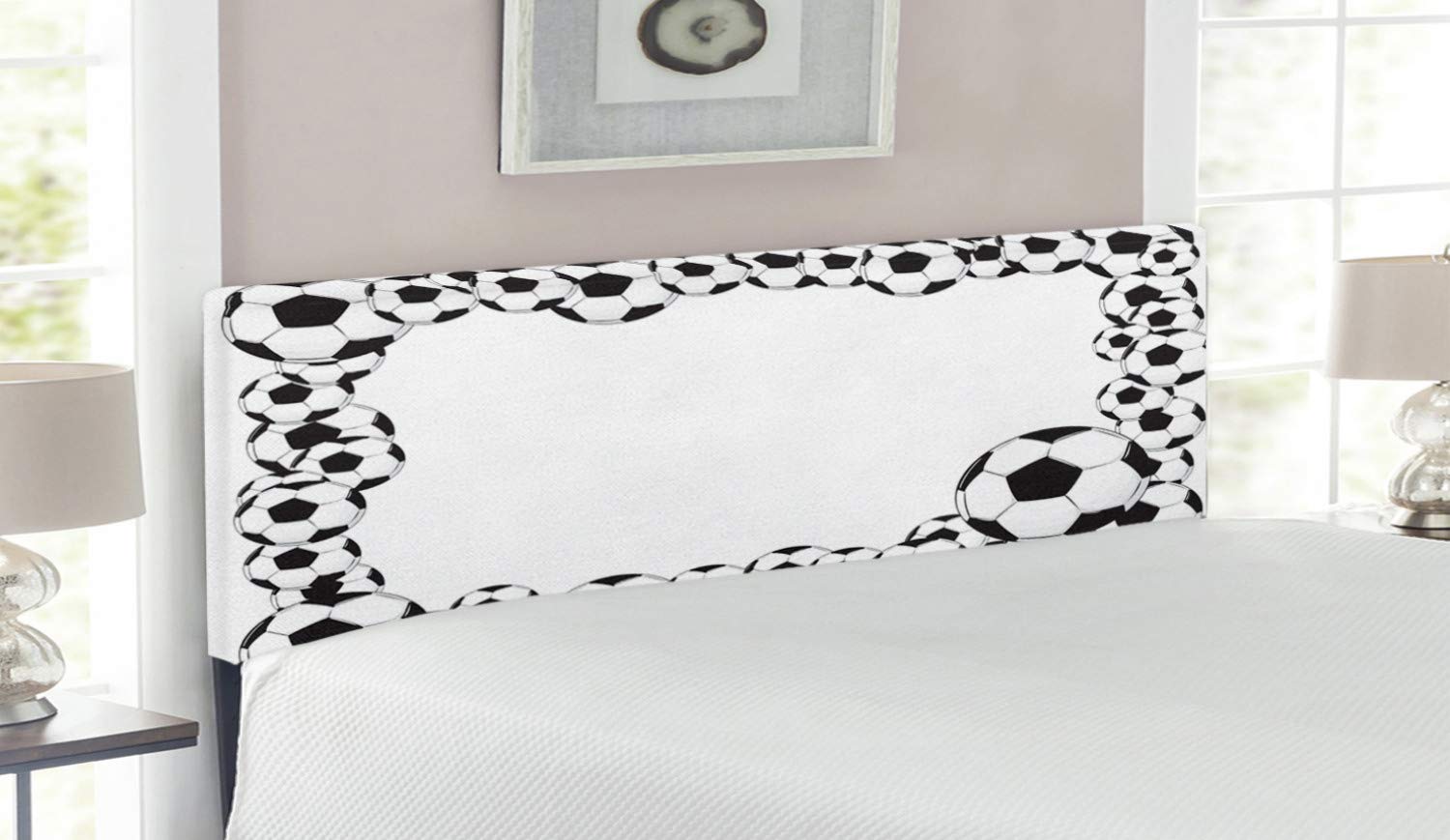 Ambesonne Soccer Headboard - Monochrome Football Frame Pattern Abstract Design for Sports Lovers, Upholstered Decorative Metal Bed Headboard with Memory Foam, Queen Size, White Charcoal Grey - Perfect for Bedroom Decor, Sports Themed Rooms, and Soccer Fan Gifts
