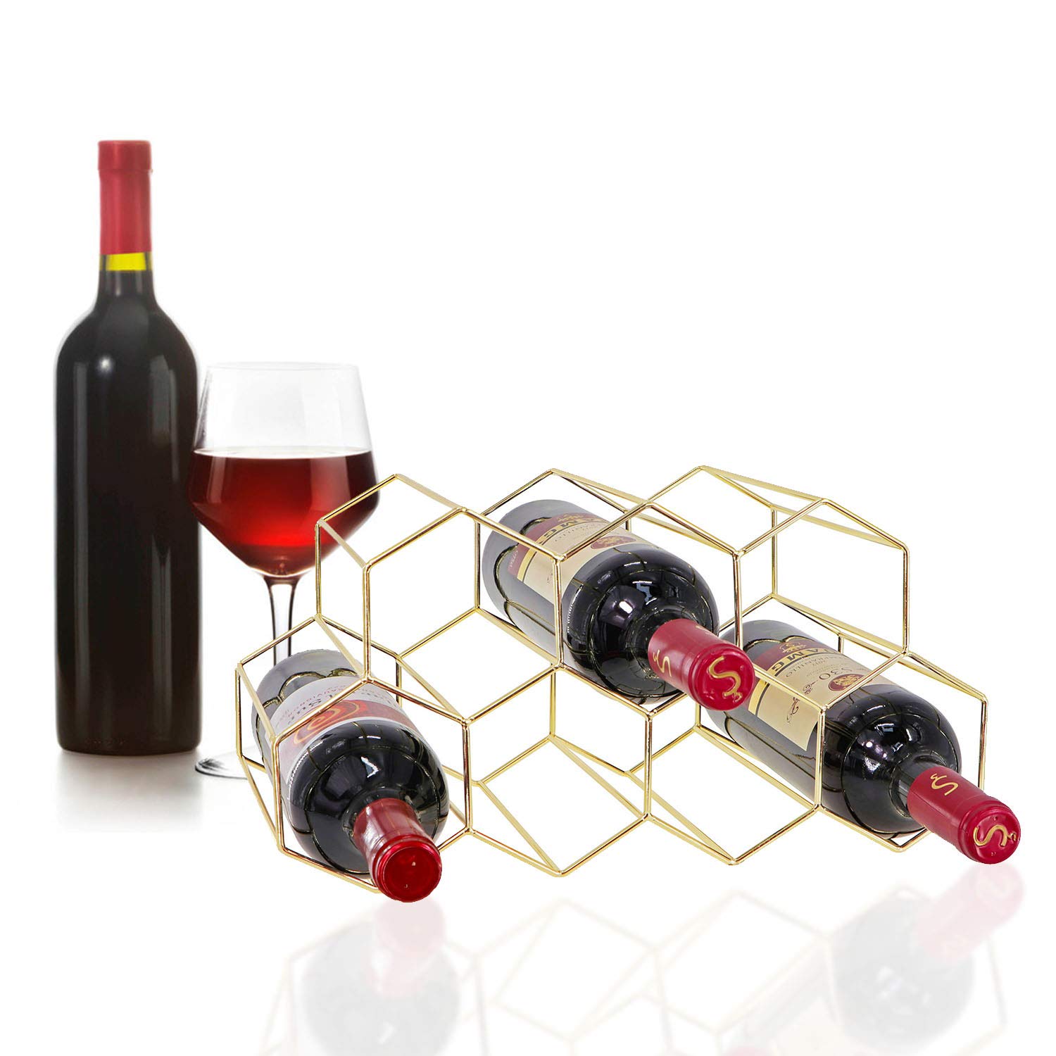 9 Bottle Metal Wine Rack - Freestanding Tabletop or Countertop Wine Storage Holder in Gold - Perfect for Kitchen, Bar, Dining Room, and Home Decor