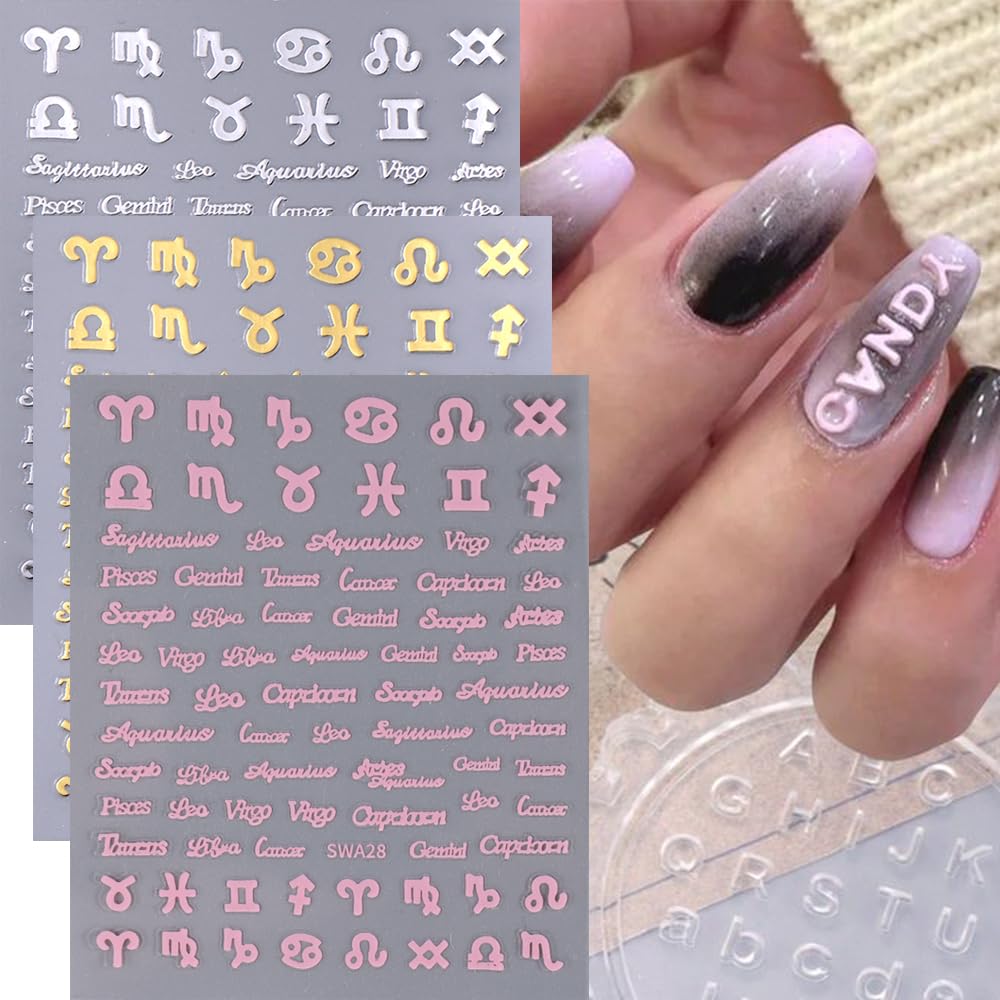 3D Zodiac Nail Stickers - 12 Constellation Nail Art Decals (Gold, Silver, Pink) for Women | Self-Adhesive Nail Design for Acrylic Tips & Manicures | Perfect for Parties, Weddings & Daily Nail Art