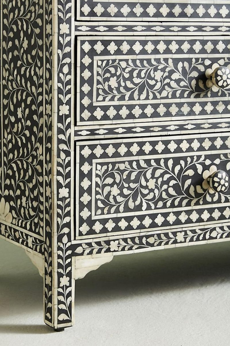 Handmade Bone Inlay Dresser with 3 Drawers - Black & White Vintage Style Wooden Chest for Bedroom, Living Room & Entryway Storage