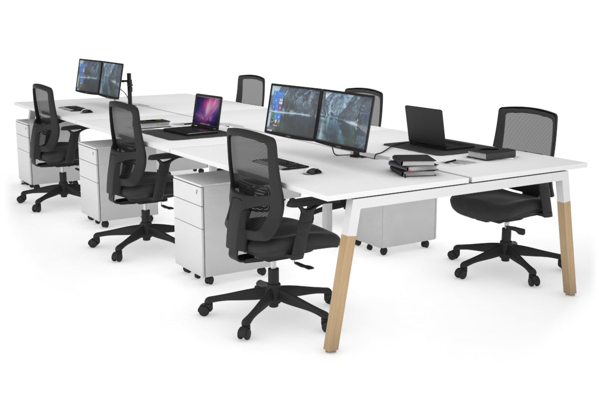 Quadro A Legs 6-Person Office Workstation with Wood Legs & Cross Beam - 1400L x 800W with Cable Management Scallop | Perfect for Collaborative Workspaces, Open Offices & Coworking Environments