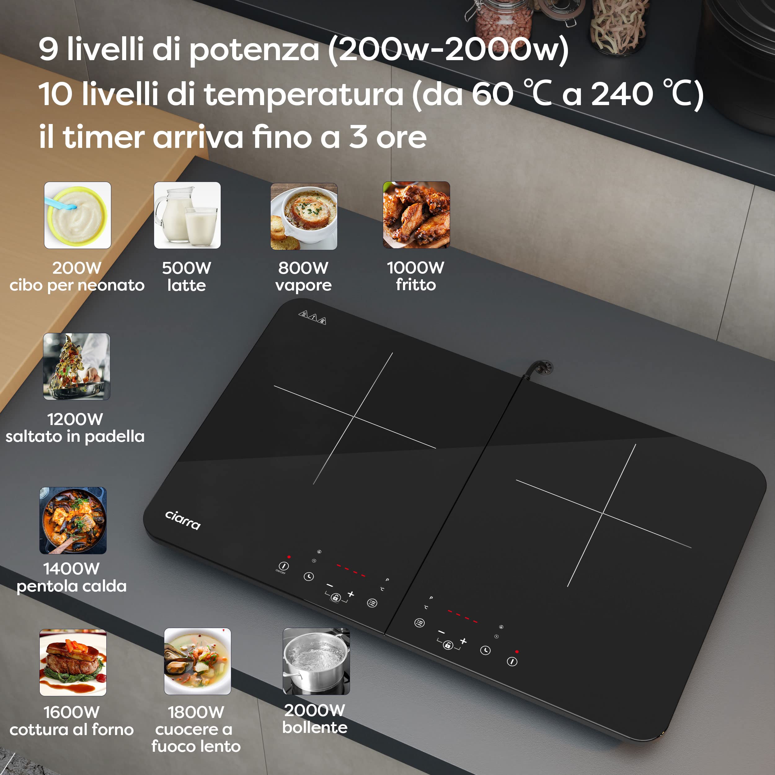 CIARRA CBTIH2 Double Burner Induction Cooktop 3500W - 9 Power Levels, Touch Control Panel, Safety Switch, Multiple Timers, Child Lock - Perfect for Home Kitchen, Dorm, Office & Outdoor Cooking