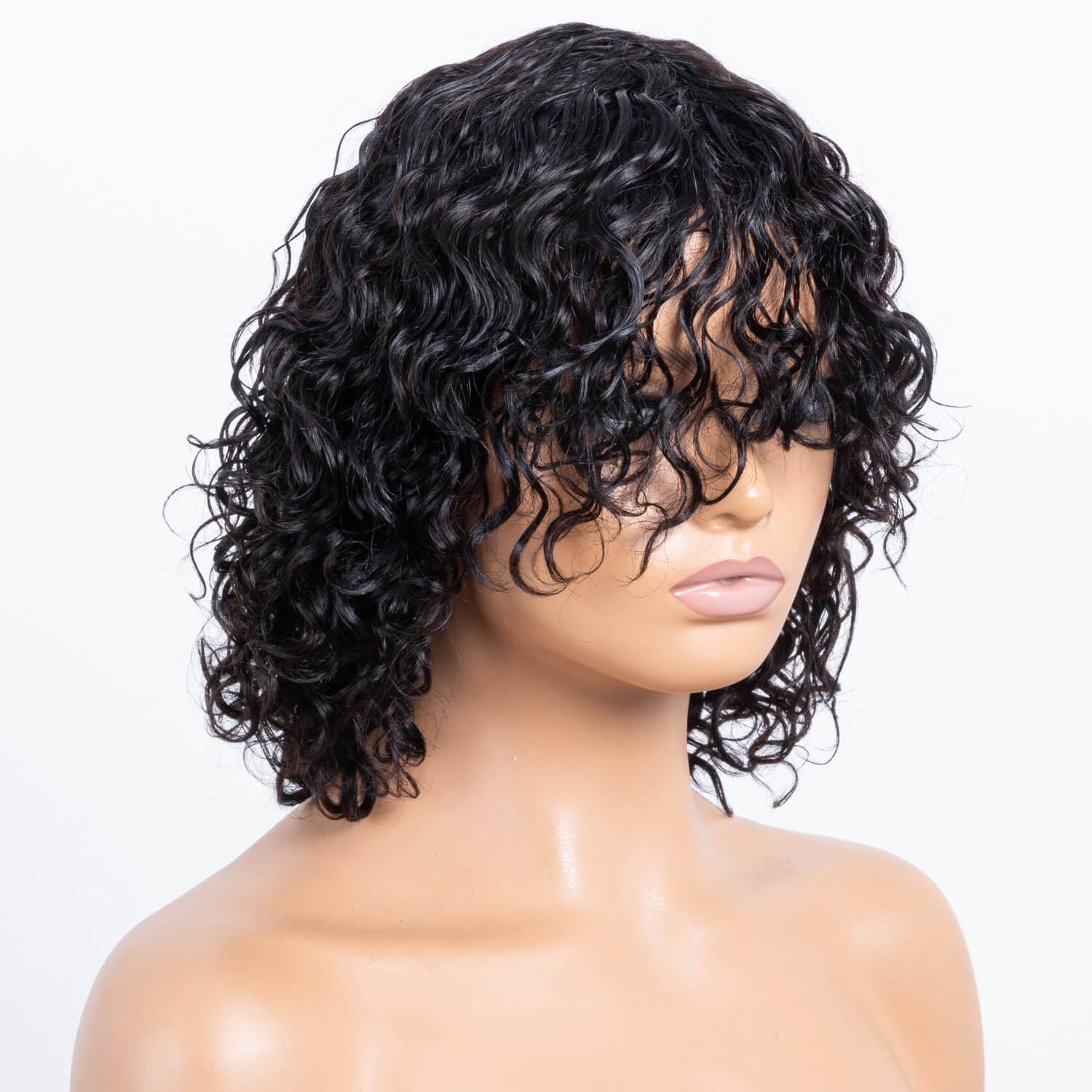 100% Brazilian Virgin Human Hair Wig - Glueless Short Water Wave Bob with Bangs for Black Women | 180% Density No Lace Wavy Bang | 12 Inch Natural Black | Perfect for Daily Wear, Cosplay & Protective Styling