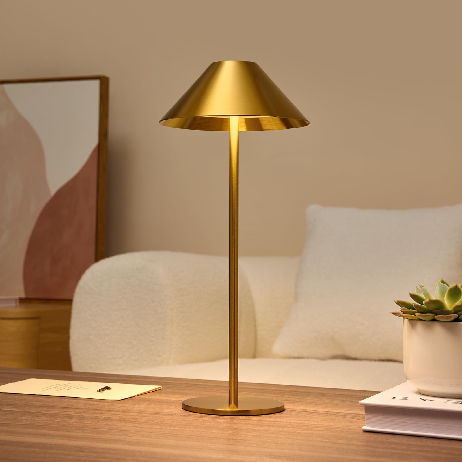 Rechargeable Cordless Table Lamp - Gold Touch Control Desk Light with 3-Color Stepless Dimming, Battery Operated Night Light for Bedroom, Living Room, Office & Study | Modern Home Decor Lighting