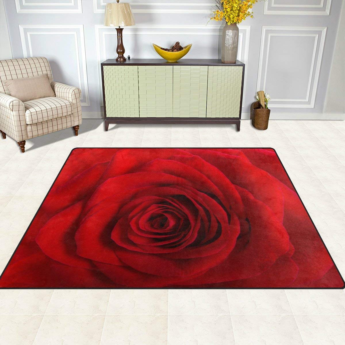 ALAZA Romantic Red Rose Floral Area Rug - 7' x 5' Soft Non-Slip Carpet for Living Room, Bedroom, Dorm Decor | Perfect for Valentine's Day Gift, Anniversary & Home Decoration