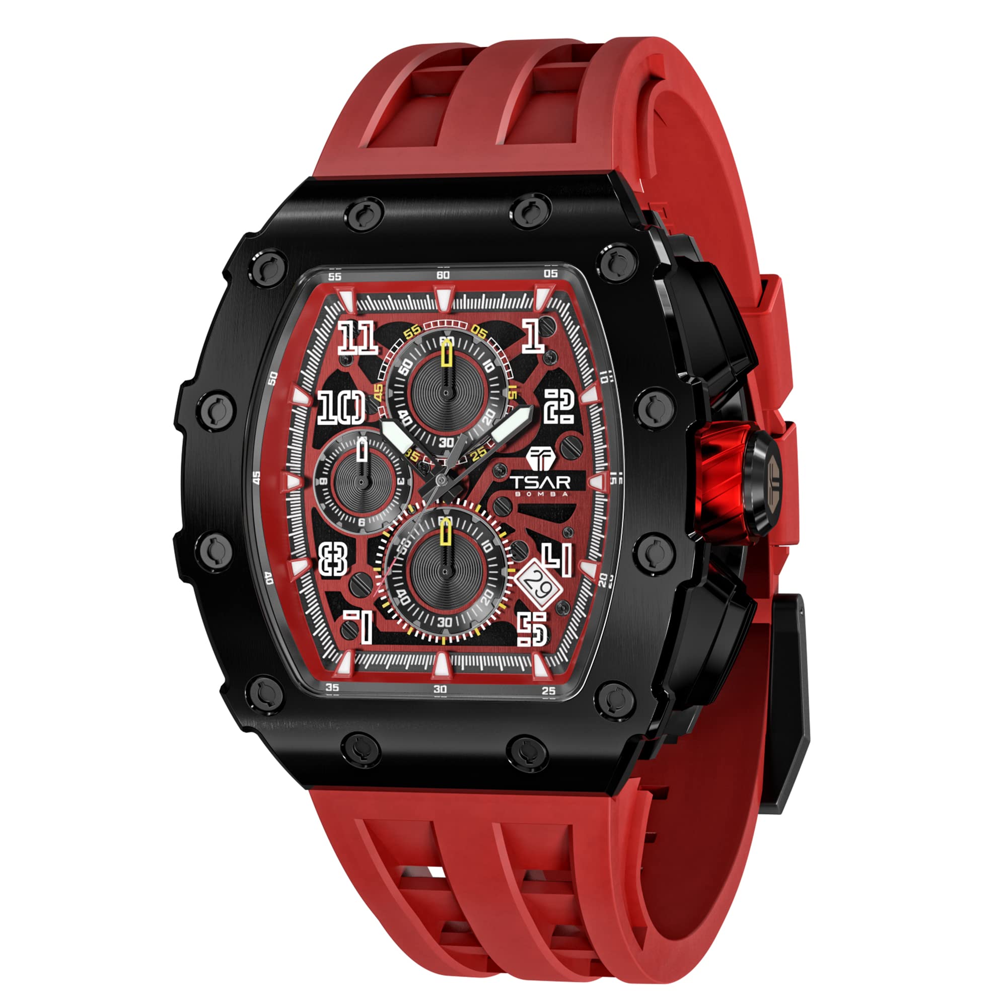 TSAR BOMBA Luxury Men's Watch - Japanese Quartz Chronograph with Sapphire Crystal & Luminous Diver Design - 50M Water Resistant Rubber Strap Watch for Business, Casual & Diving - Perfect Gift for Him