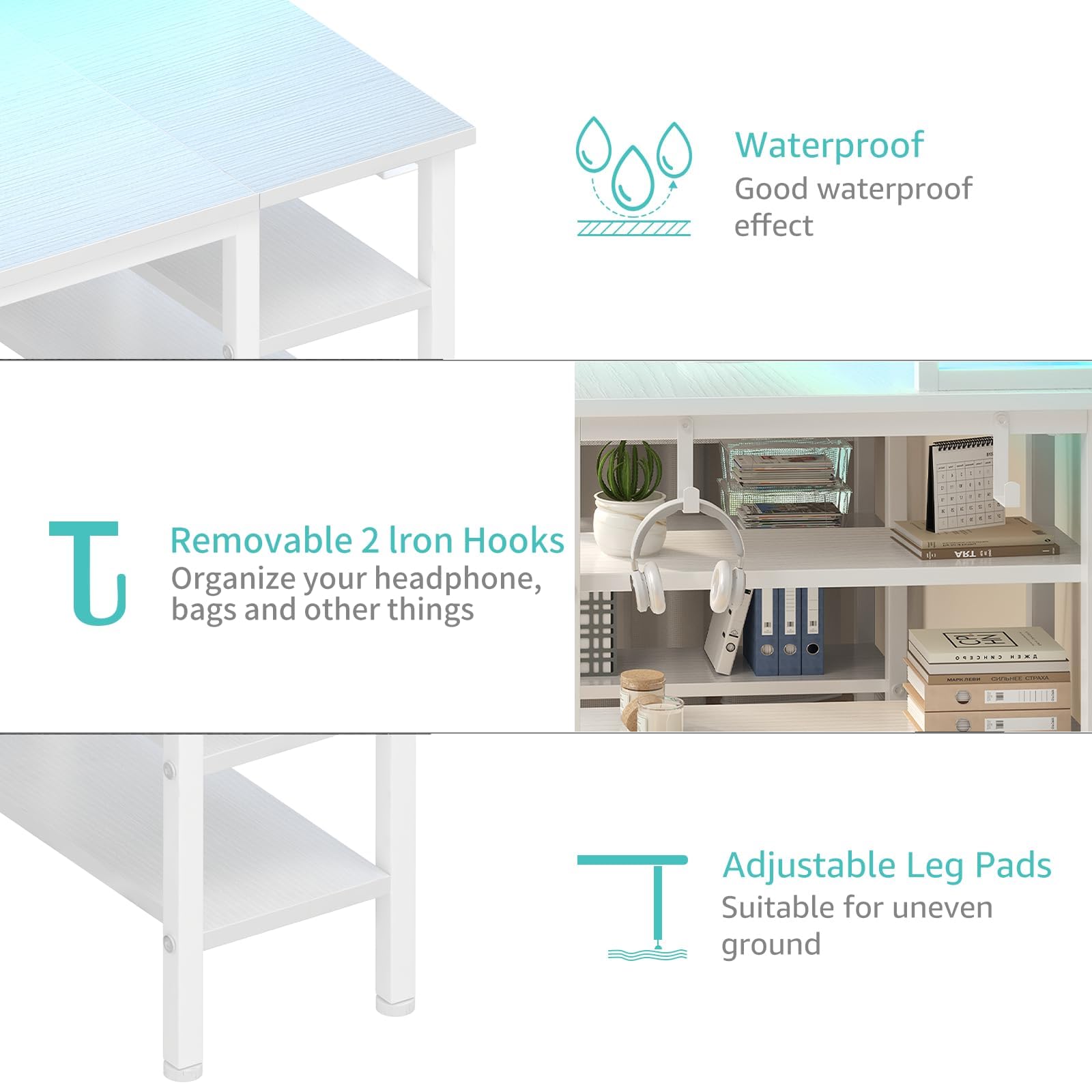 Lufeiya 47-inch White Modern Computer Desk with Storage Shelves, LED Lights & Power Outlets - Home Office Desk, Gaming Desk with Monitor Stand - Perfect for Small Spaces, Workstations & Gaming Setups