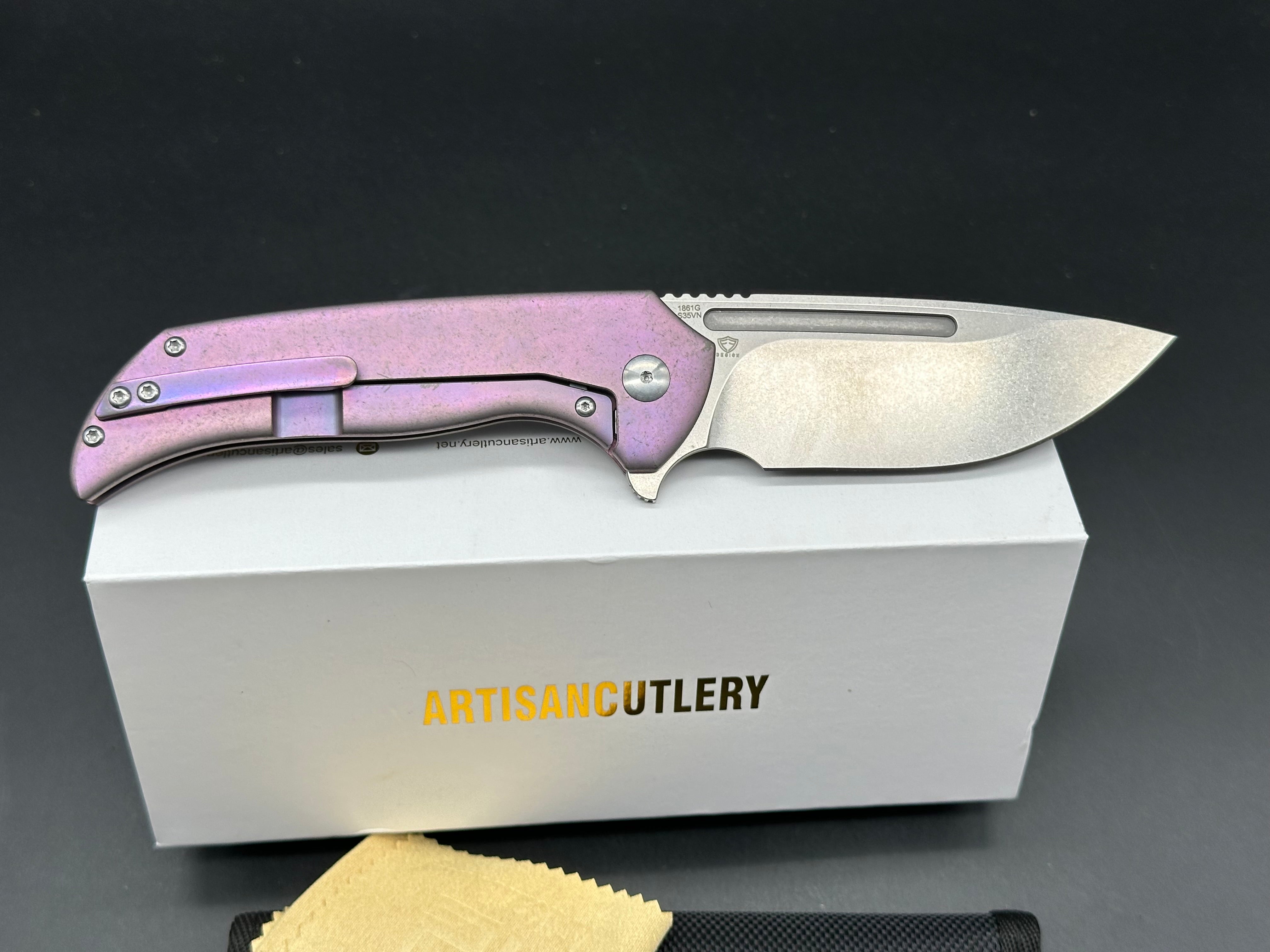 Premium Artisan Trux Frame Lock Folding Knife - Purple Titanium Handle, 3.61