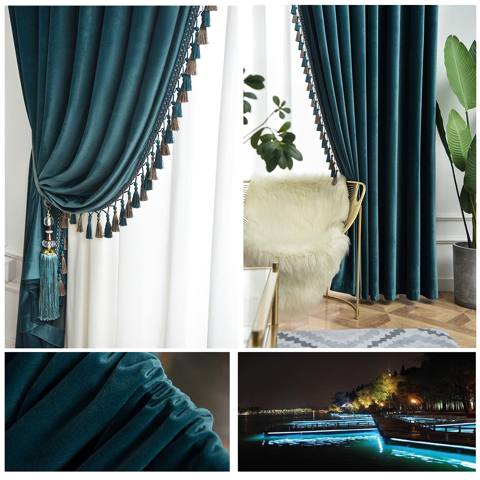 Luxury Velvet Blackout Curtains with Tassel - Thermal Insulated Pencil Pleat Drapes for Living Room & Bedroom (2 Panels, Blue, 100