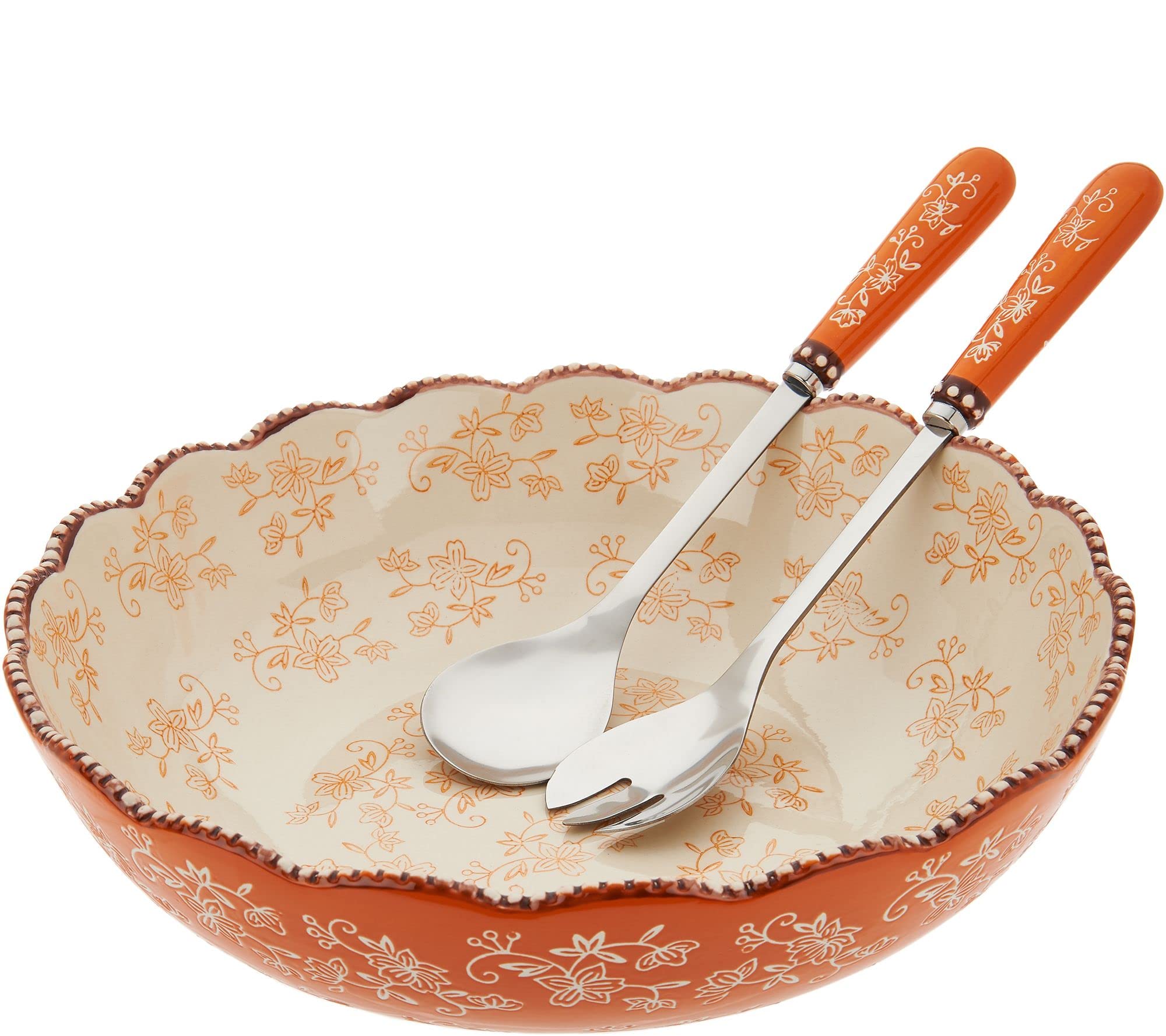 Temp-tations 5 Qt Serving Bowl with 2 Utensils - Floral Lace Spice Design Ovenware for Salads, Pasta, Soups & Family Dinners | Microwave & Dishwasher Safe Serving Bowl for Entertaining & Everyday Use