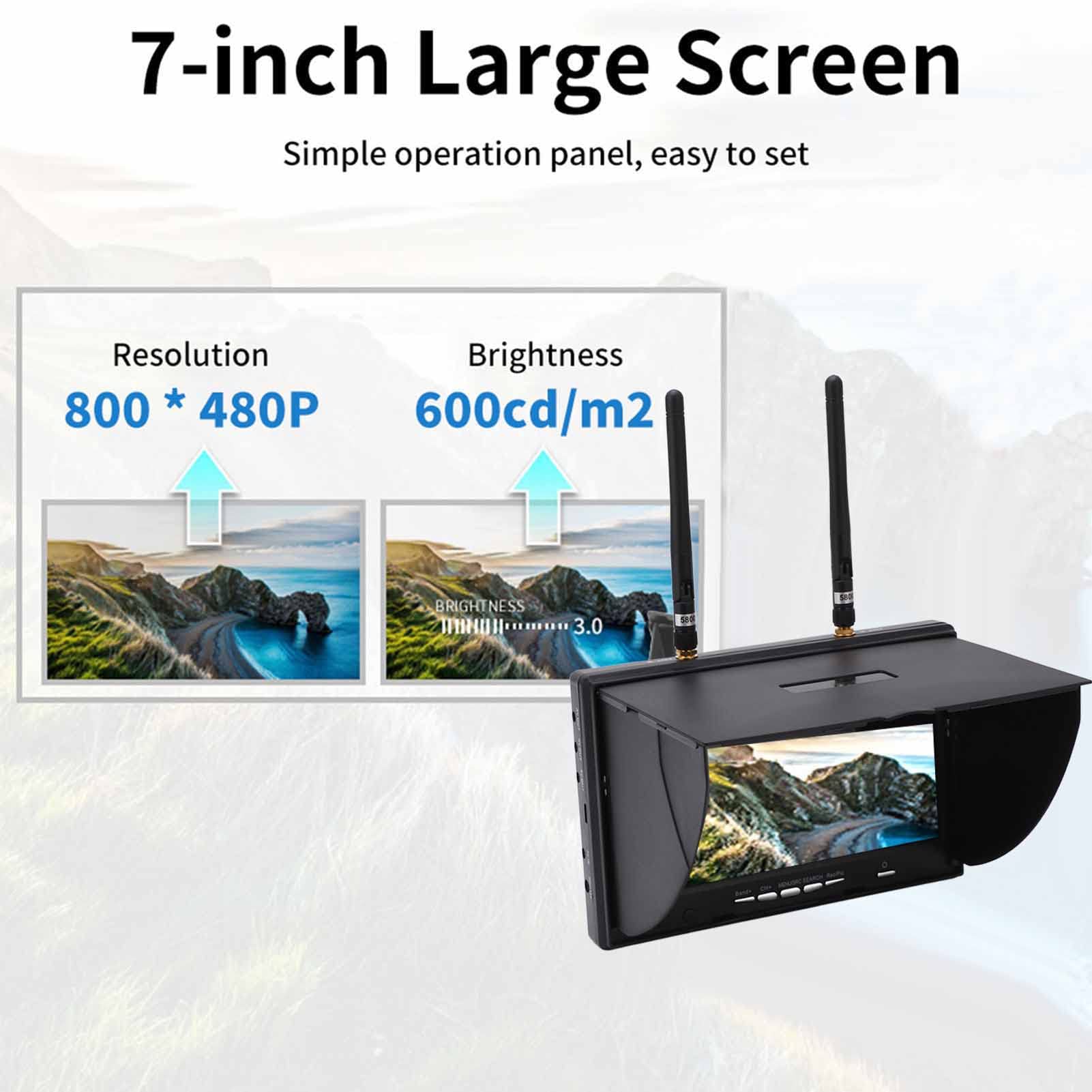 7 Inch FPV Monitor with 800x480 LCD Screen, 5.8GHz 40 Channels Dual Receiver for Drone Racing - Auto Antenna Switching, Ideal for FPV Drones, Quadcopters and RC Aircraft Flying