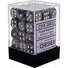 Chessex 12mm Purple Steel with White Gemini Pipped D6 Dice - 36 Pack | Perfect for Dungeons & Dragons, Board Games & RPGs