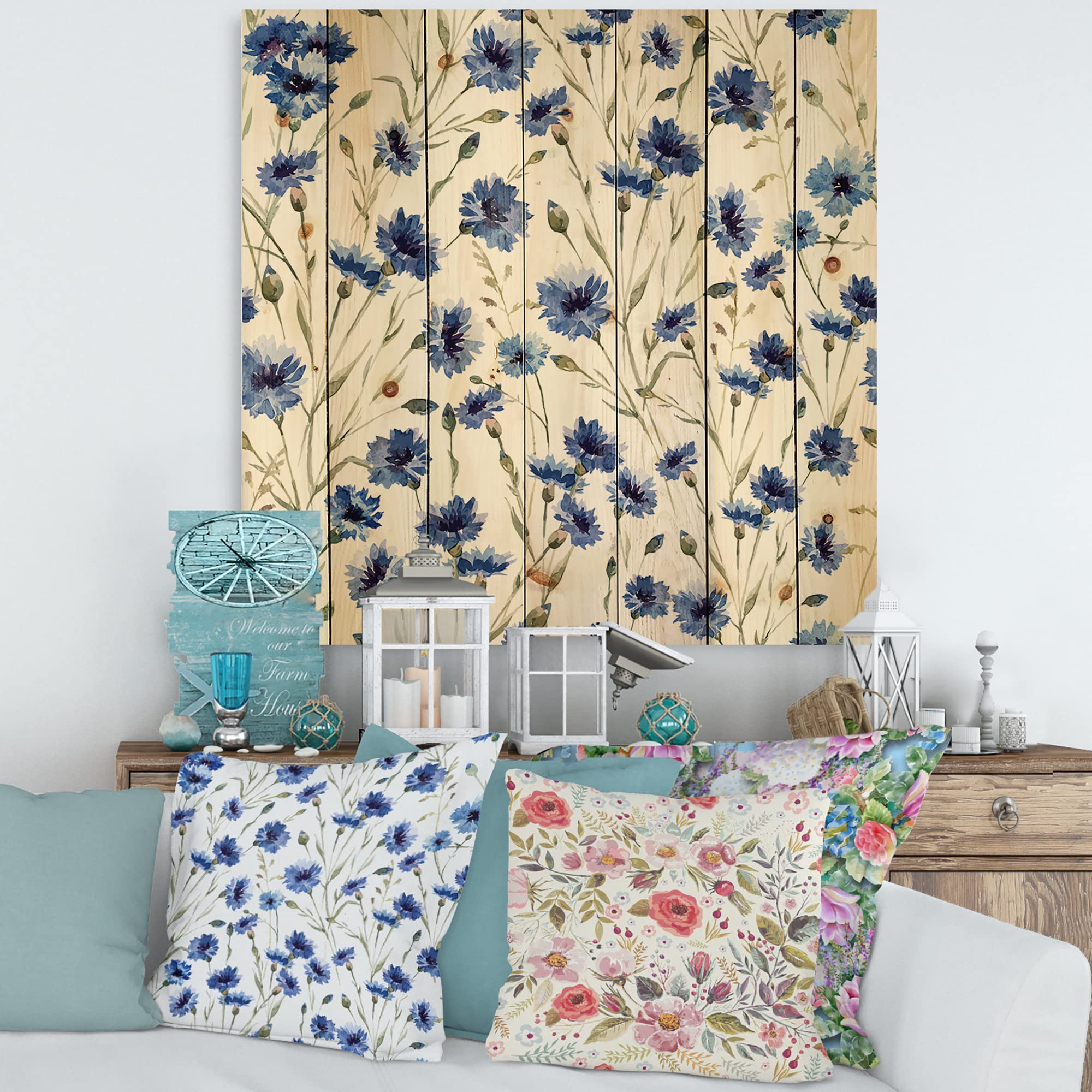 Blue Wildflowers with Green Leaves Traditional Wood Wall Art - Large Floral Pine Wood Decor Panel for Living Room, Bedroom & Office | Handcrafted Natural Wood Wall Hanging
