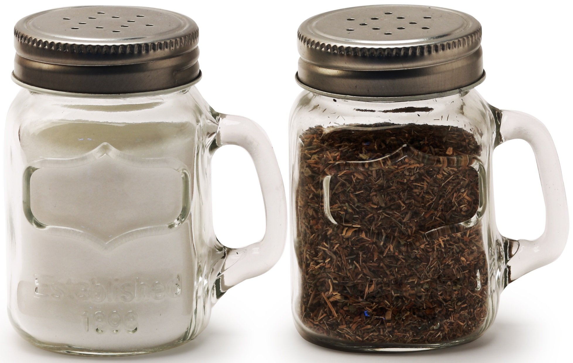 Circleware Glass Mini Mason Jar Mug Salt and Pepper Shakers with Handles & Metal Lids - 5oz Clear Glass Kitchenware for Himalayan Seasoning Spices, 2-Piece Set - Perfect for Dining Table, Kitchen Counter & Gift Giving