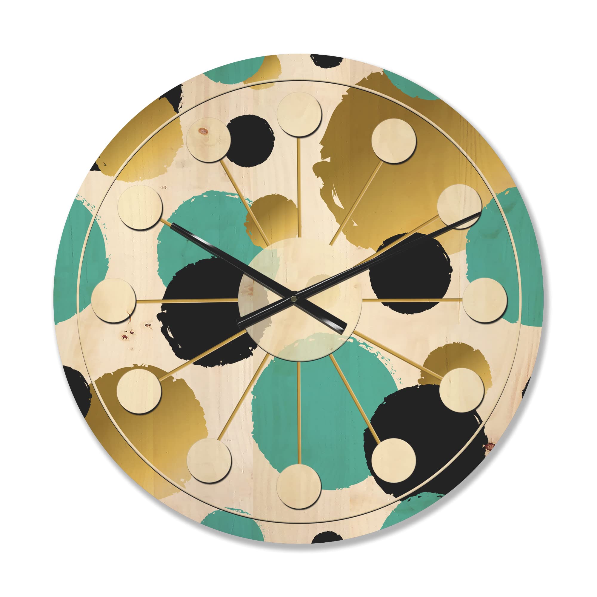 DesignQ Blue and Gold Circles Mid-Century Modern Wood Wall Clock - Large Decorative Oversized Wooden Clock for Living Room, Bedroom & Office Décor - Perfect Vintage Home Decor & Wall Art Gift