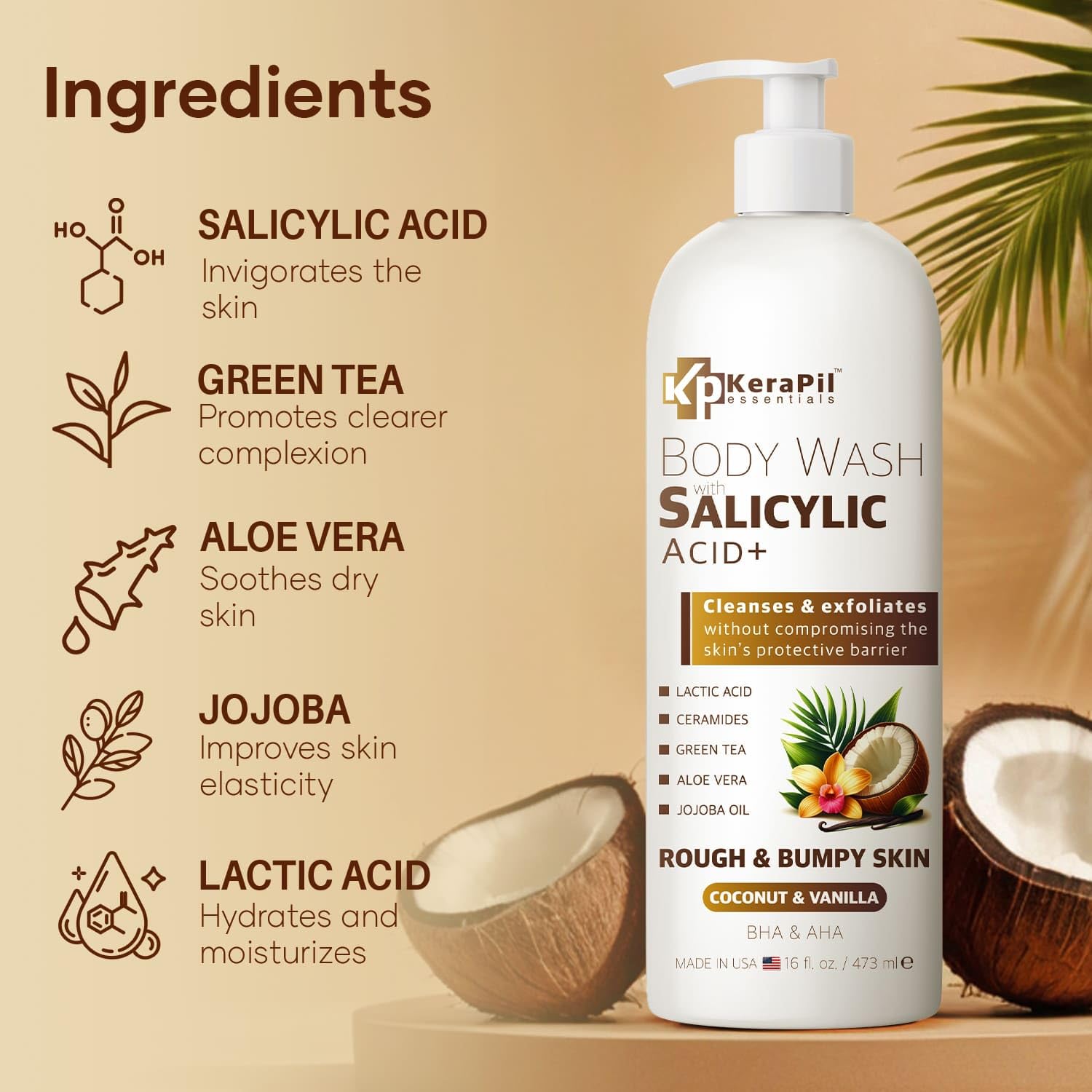 Exfoliating Body Wash with Salicylic Acid for Rough & Bumpy Skin - Gentle BHA & AHA Acne Treatment Body Wash - Coconut Vanilla Scent - Hydrating Formula Prevents Dryness - 16 fl oz x 2 Pack - Perfect for Shower, Post-Workout, and Sensitive Skin Care