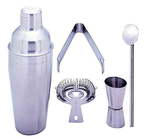 Premium 5-Piece Stainless Steel Bar Set - 18.5 oz Martini & Cocktail Shaker with Stirrer, Strainer, Double Jigger & Ice Tongs | Professional Bartending Kit for Home Bars, Parties & Mixology Enthusiasts