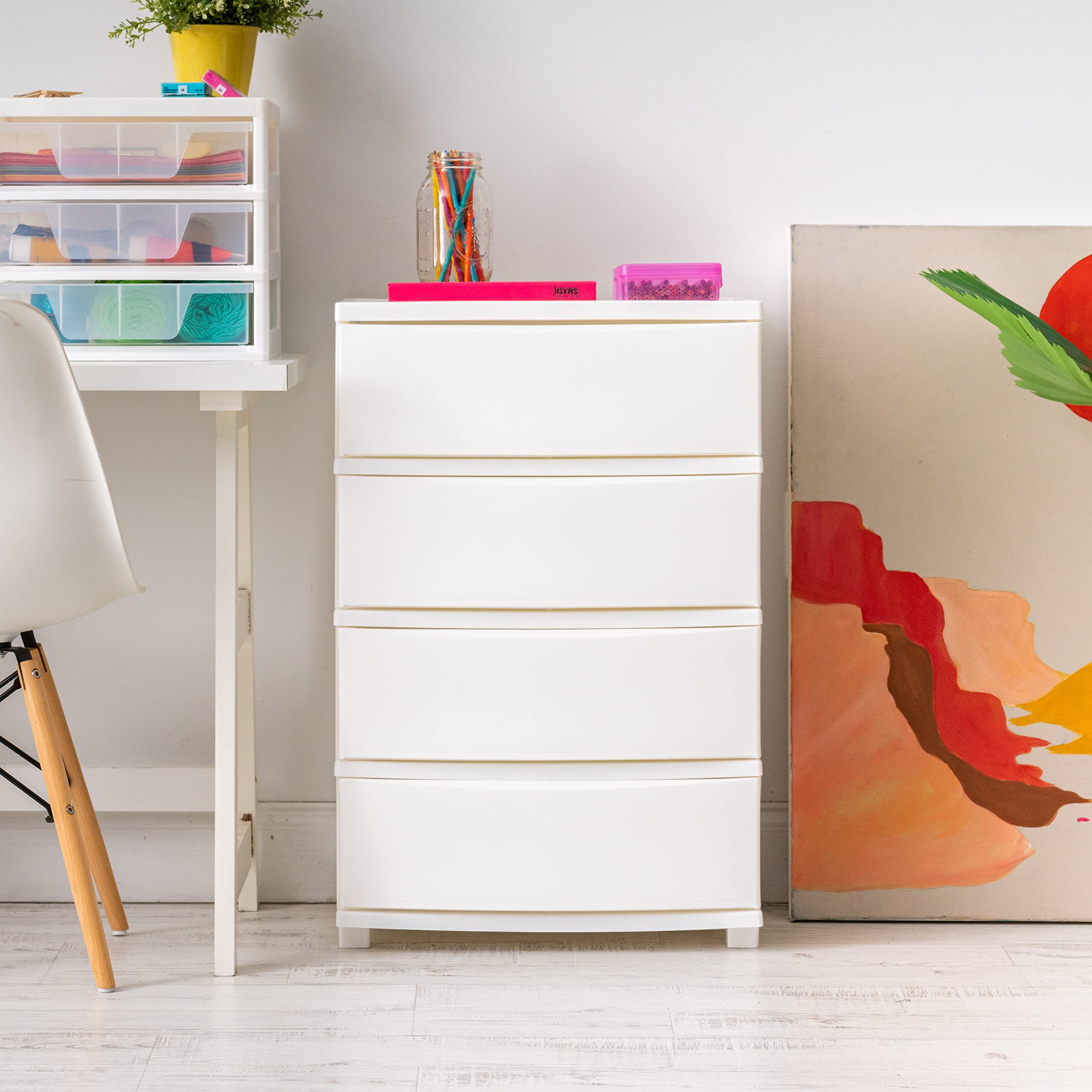 IRIS USA 4-Drawer Plastic Storage Organizer - White Frame with Matte White Front Panels for Classroom, Bathroom, Dorm, Bedroom & Laundry Room Organization - Perfect for Art Supplies, Clothes & Home Essentials
