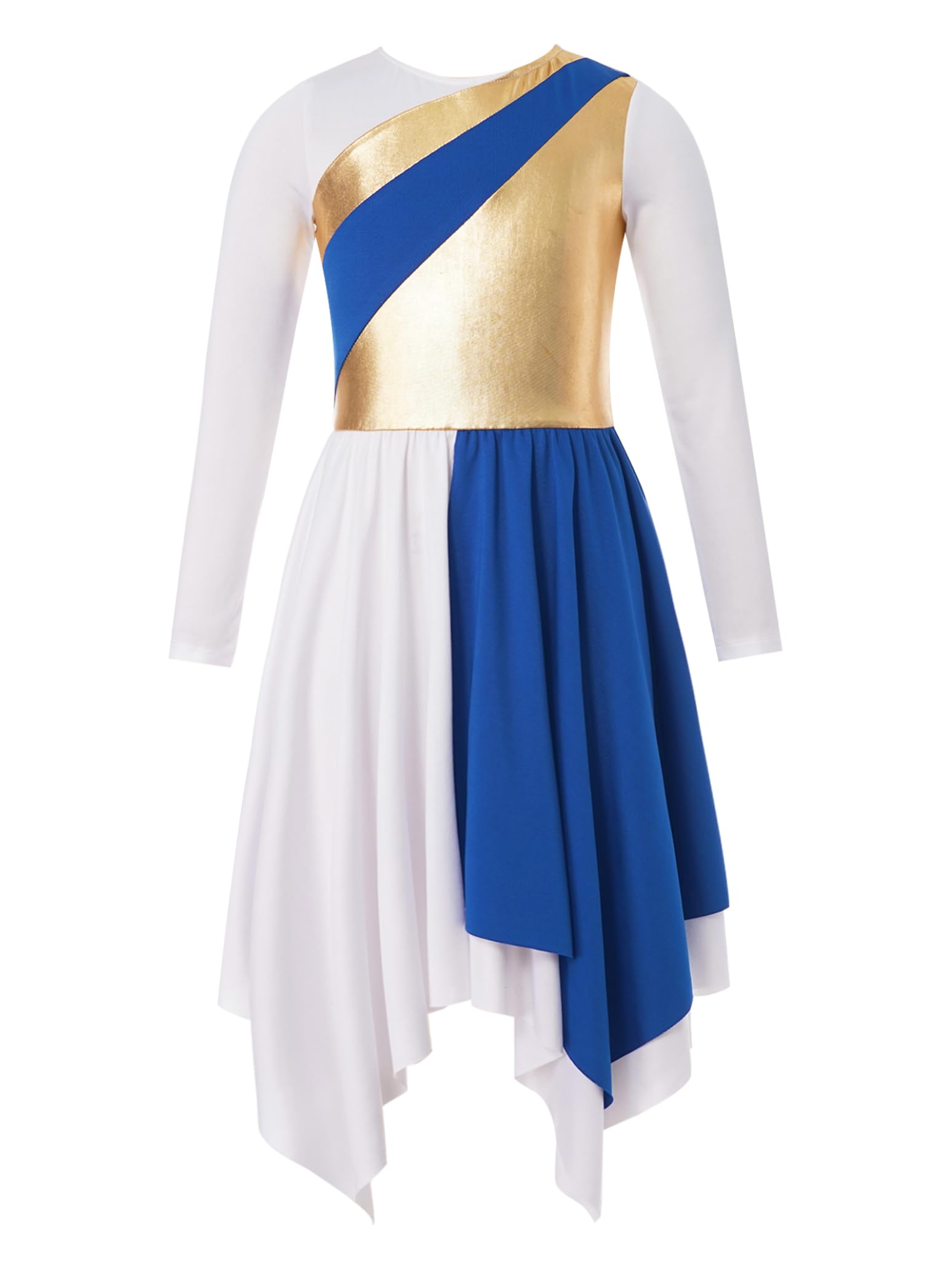 Girls Long Sleeve Metallic Praise Dance Dress - Liturgical Worship Costume with Asymmetrical Design for Church Performances & Religious Ceremonies