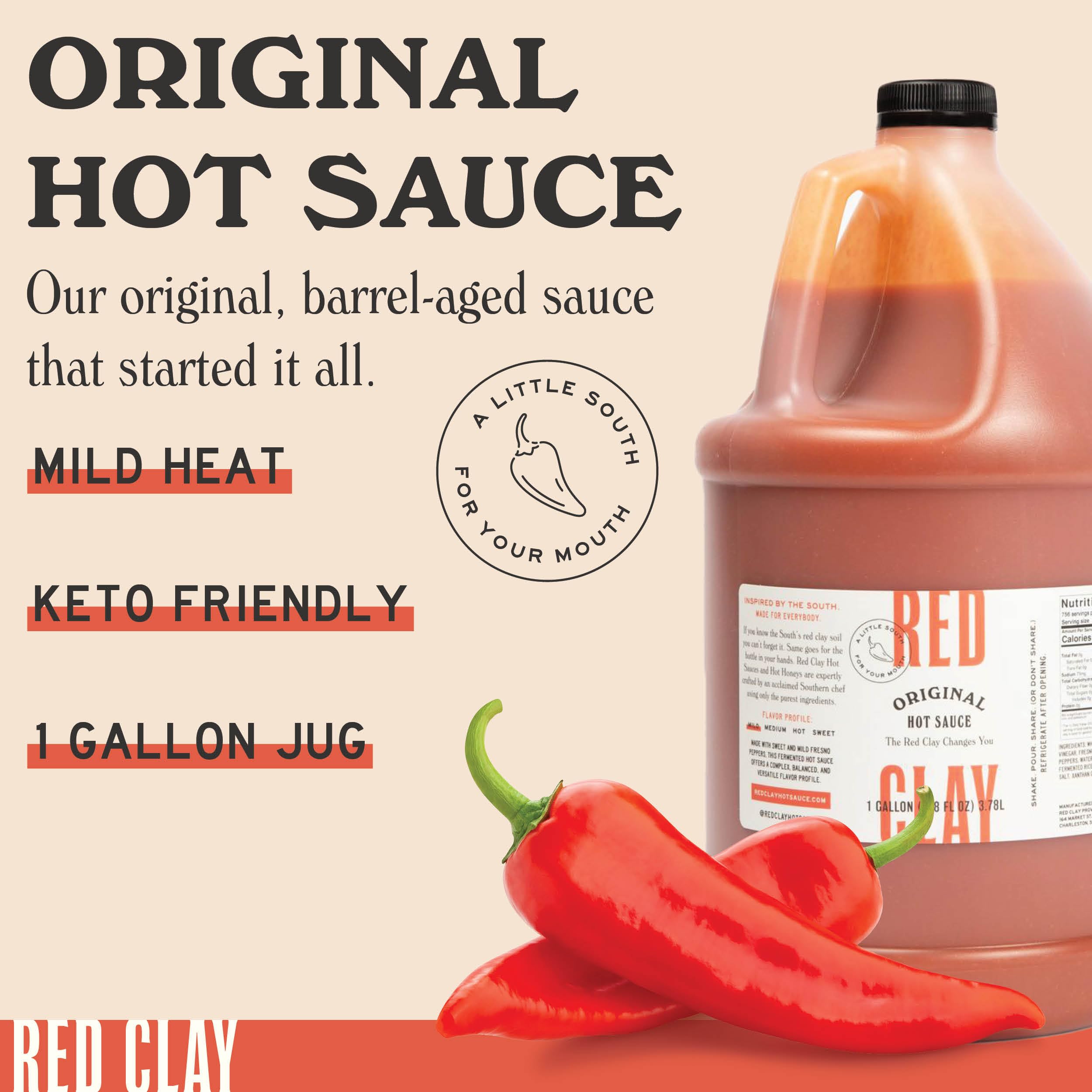 Red Clay Hot Sauce - Original Southern Style Hot Sauce | Gluten Free, Sugar Free, Keto Friendly | Mild Heat Condiment & Marinade | Sustainably Sourced, Made in USA | 1 Gallon Bulk Size Jug - Perfect for BBQ, Wings, Tacos & Home Cooking