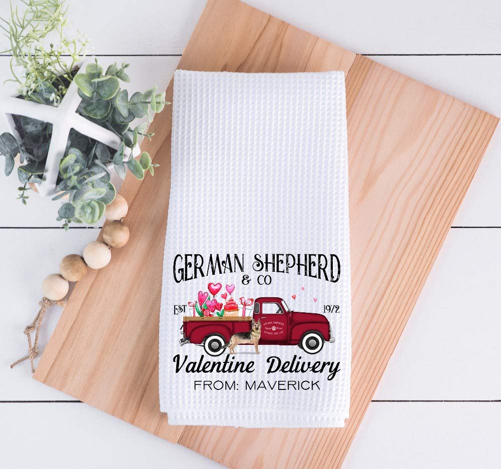 Personalized German Shepherd Valentine Truck Kitchen Towel - 16x24 Inch Waffle Weave or Plush Towel - Cute Dog Lover Gift for Valentine's Day, Housewarming, Kitchen Decor