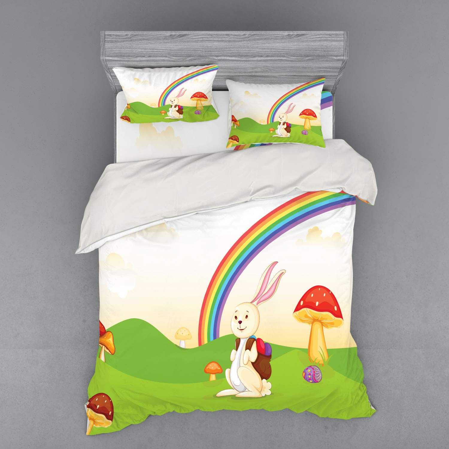 Ambesonne Mushroom Duvet Cover Set - Bunny with Easter Egg Under Rainbow Happy Rabbit Nature Theme 3-Piece Bedding Set (Queen Size, Multicolor) for Kids' Room, Easter Decor & Spring Themed Bedrooms