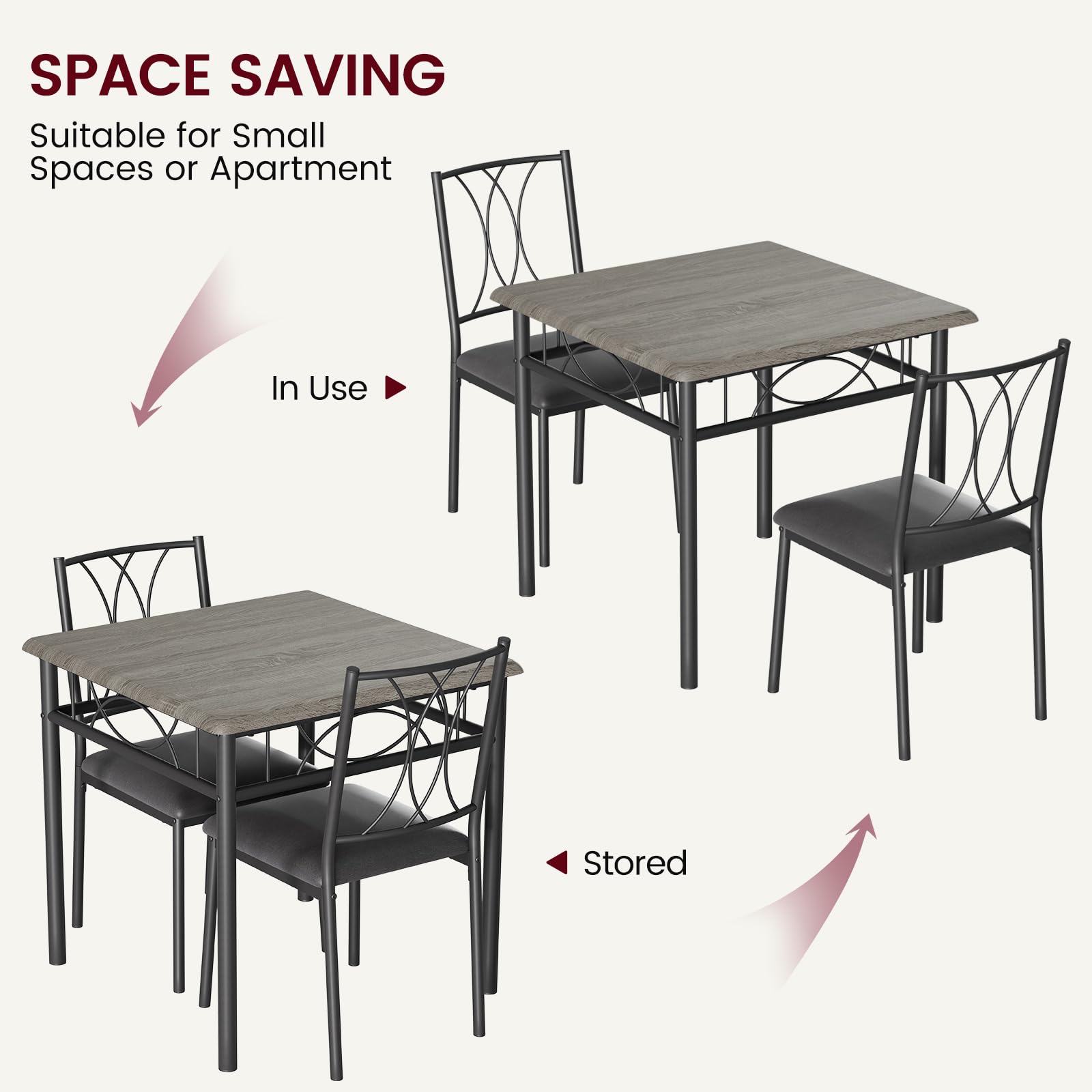2-Piece Rustic Grey Square Dining Table Set with 2 Upholstered Chairs - Metal & Wood Kitchen Table for Small Spaces & Apartments - Perfect for Breakfast Nooks, Studio Dining, and Cozy Meals