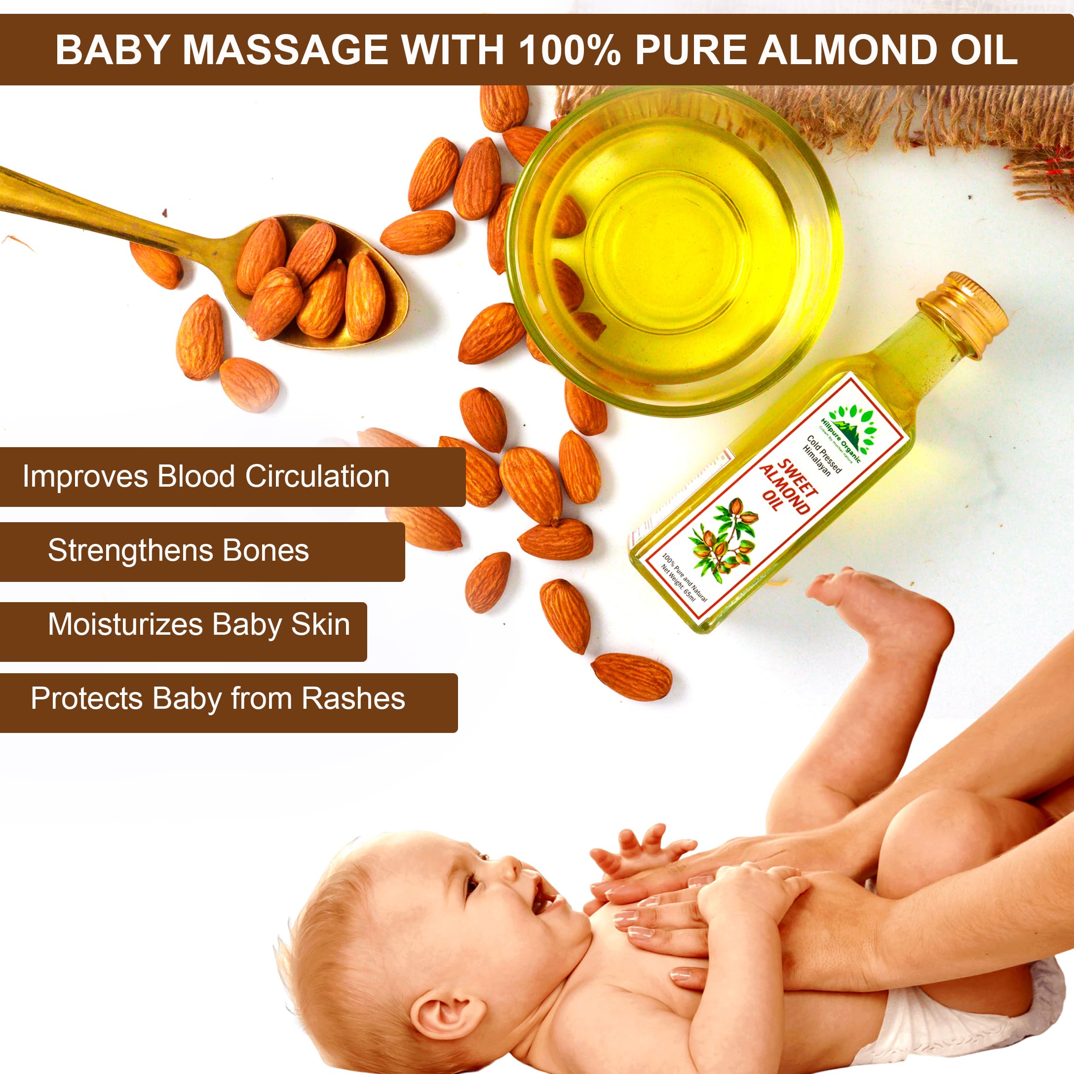 Organic Cold Pressed Himalayan Sweet Almond Oil - 100% Pure Natural Badam Tel for Skin, Hair & Body - Rich in Vitamin E - 65ml Glass Bottle - Perfect for Massage, Cooking & DIY Beauty Recipes