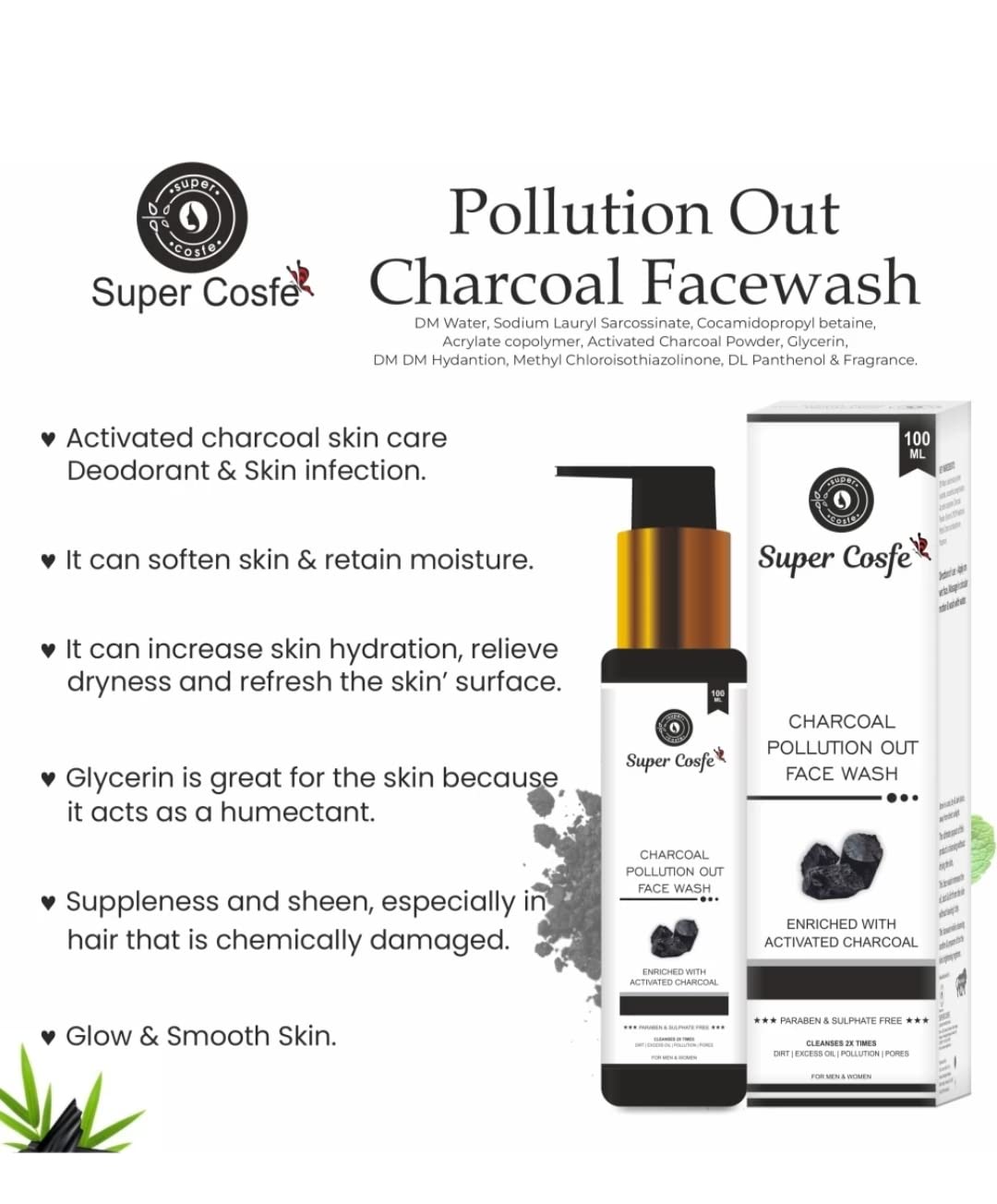 SUPER COSFE Activated Charcoal Face Wash for Oily Skin - Deep Cleansing, Detox & Brightening Formula - Fights Blackheads, Acne & Pimples - Men & Women (1g) | Perfect for Daily Skincare Routine & Pollution Protection