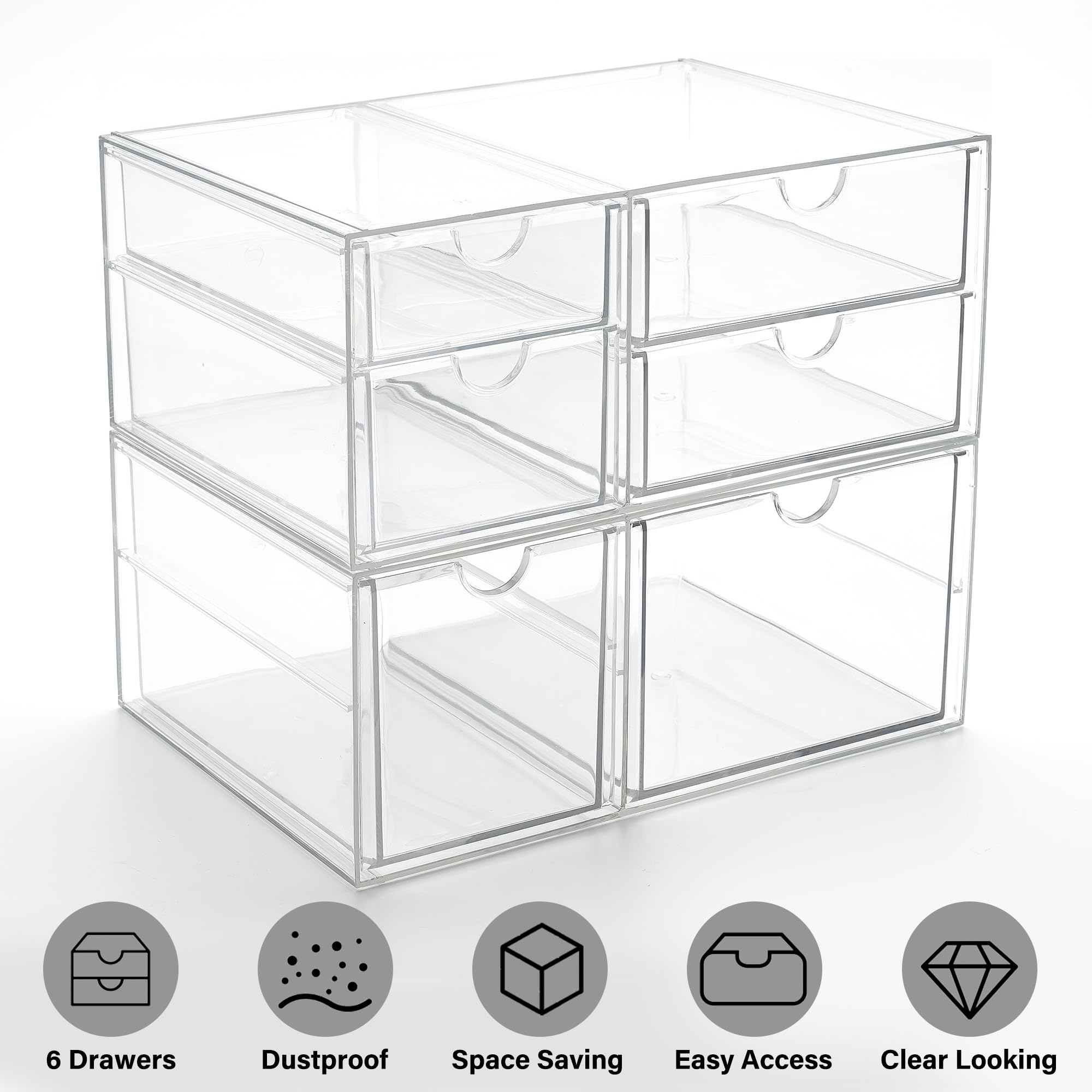 PRSILDAN 6-Drawer Acrylic Makeup Organizer Set of 2 - Clear Stackable Storage Drawers for Vanity, Office Desk, Countertop | Perfect for Cosmetics, Jewelry, Craft & Art Supplies Organization | Ideal for Bedroom, Bathroom & Workspace