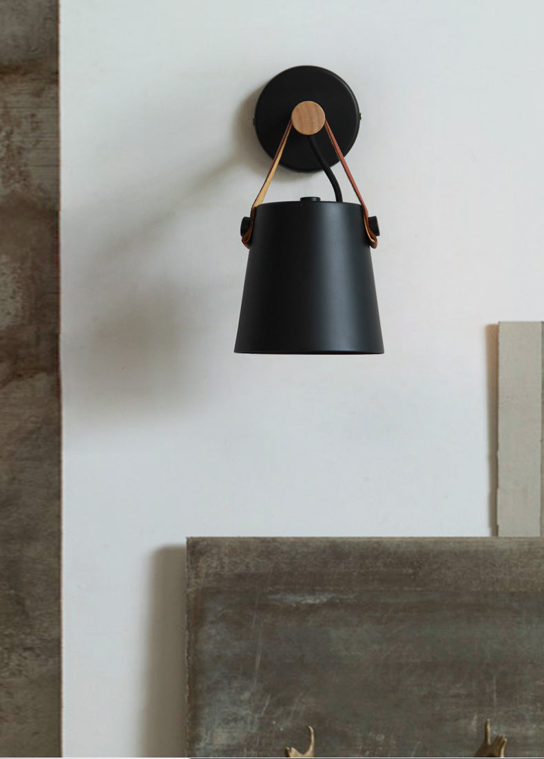 Modern Wood & Metal Wall Sconce with Faux Leather Strap - Rustic Industrial Lighting for Bedroom, Living Room, or Entryway - Perfect for Home Decor & Interior Design
