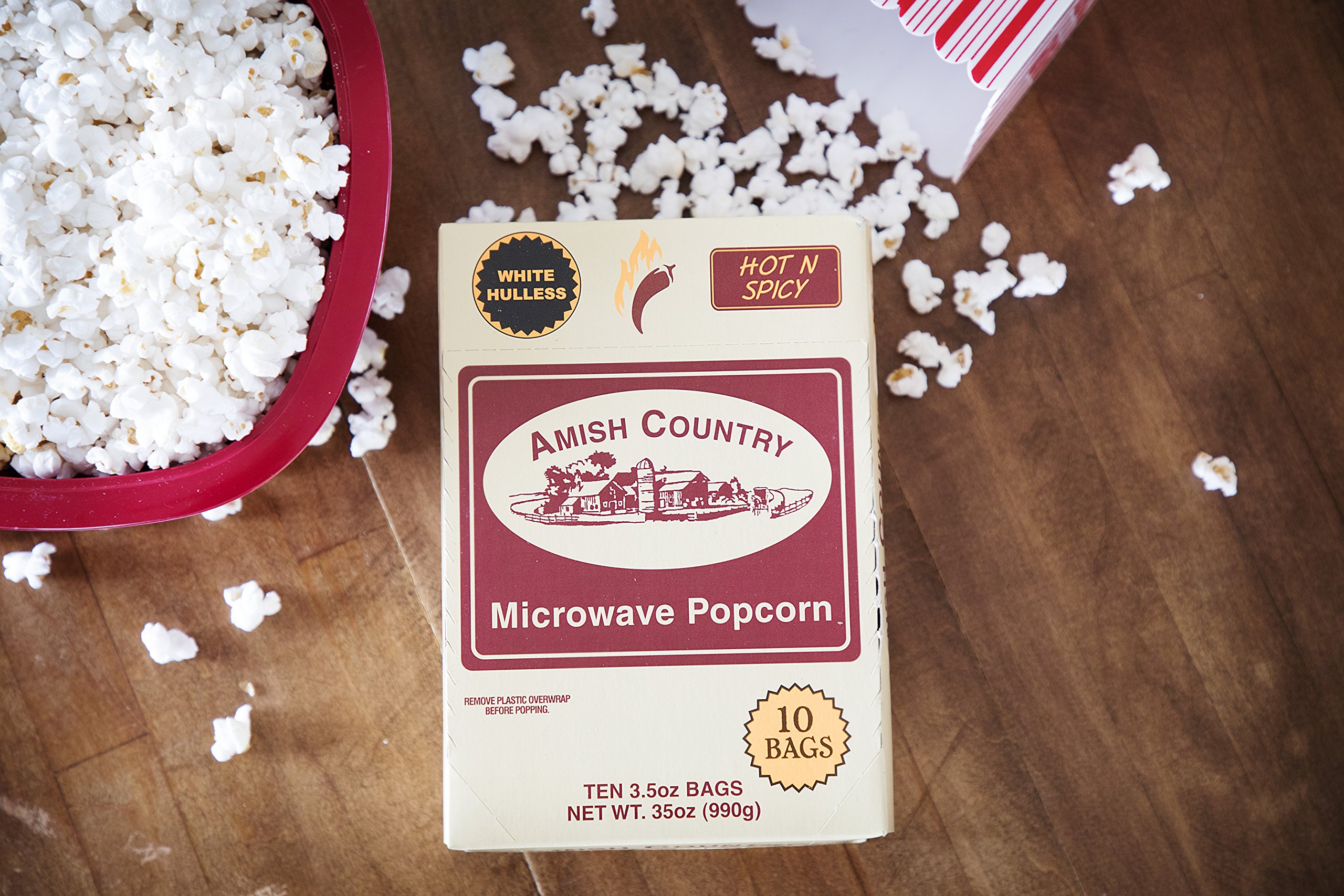 Amish Country Popcorn - Hot & Spicy White Hulless Microwave Popcorn - Non-GMO, Gluten Free, Kosher Certified (10 Bags) - Perfect for Movie Nights, Snacking & Party Favors