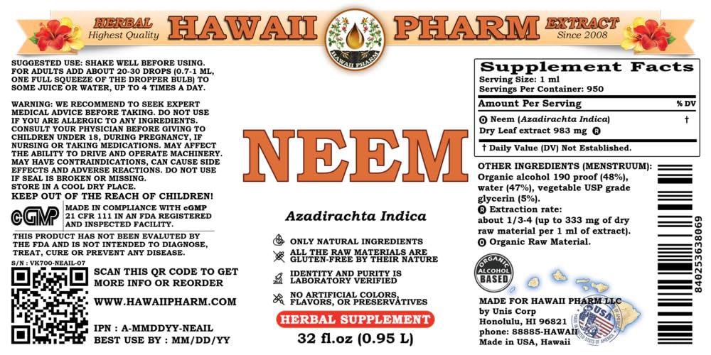 Neem (Azadirachta Indica) Liquid Extract Tincture - 32 fl.oz Herbal Supplement by Hawaii Pharm | USDA Organic, Made in USA | Supports Skin Health, Immune System & Natural Detox | Perfect for Daily Wellness Routine & Ayurvedic Remedies