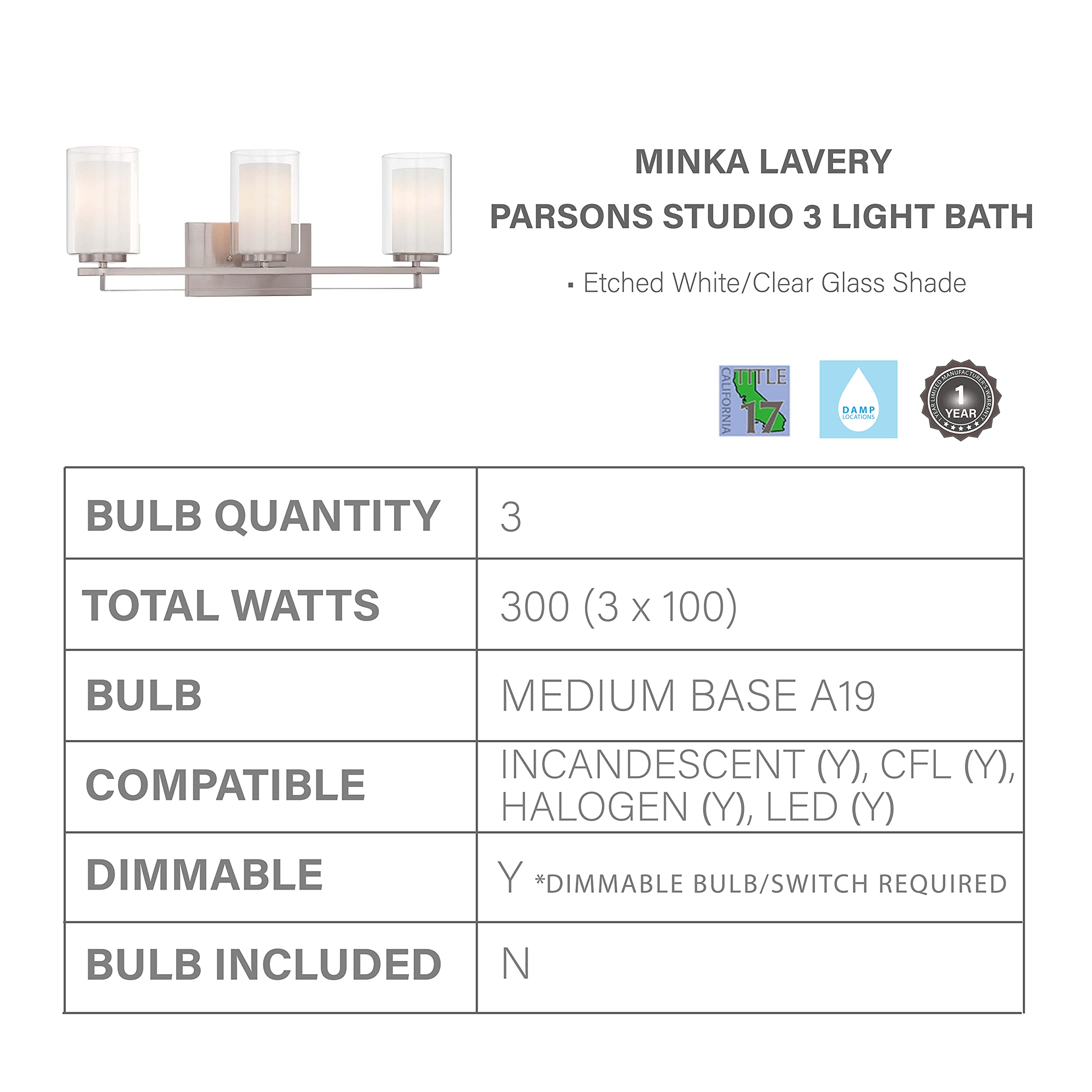 Minka Lavery 6103-84 Parsons Studio 3-Light Bathroom Vanity Wall Sconce with Glass Shade in Brushed Nickel Finish - Perfect for Bathroom, Powder Room, and Dressing Area Lighting