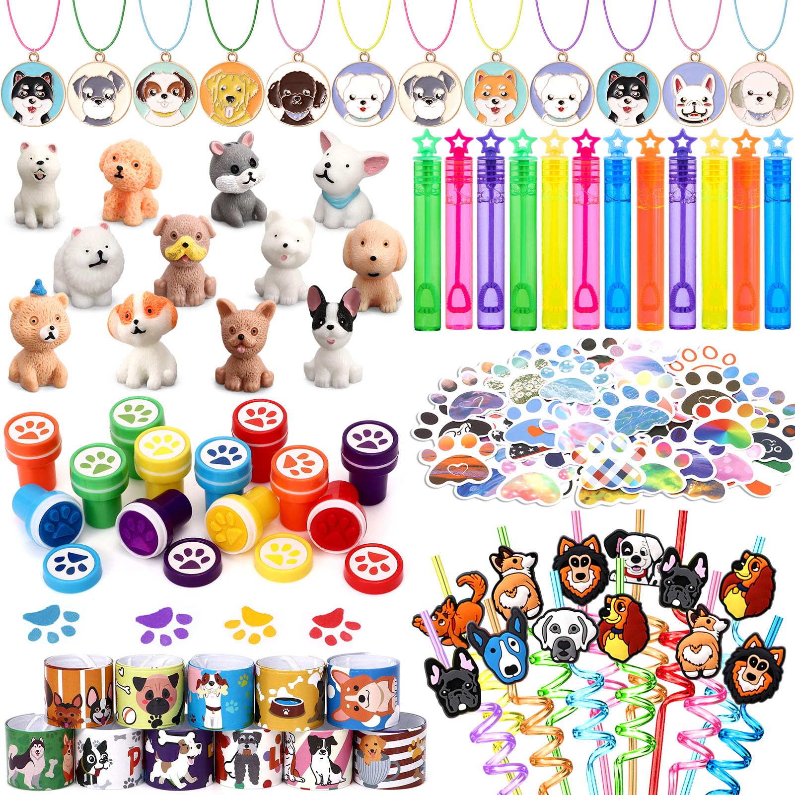 Winrayk 132Pcs Puppy Party Favors Set - Dog Themed Birthday Party Supplies Kit with Straws, Figurines, Necklaces, Paw Stamp, Bubble Wands & Bracelets for Kids | Perfect for Dog Birthday Parties, Puppy Showers & Animal Theme Events