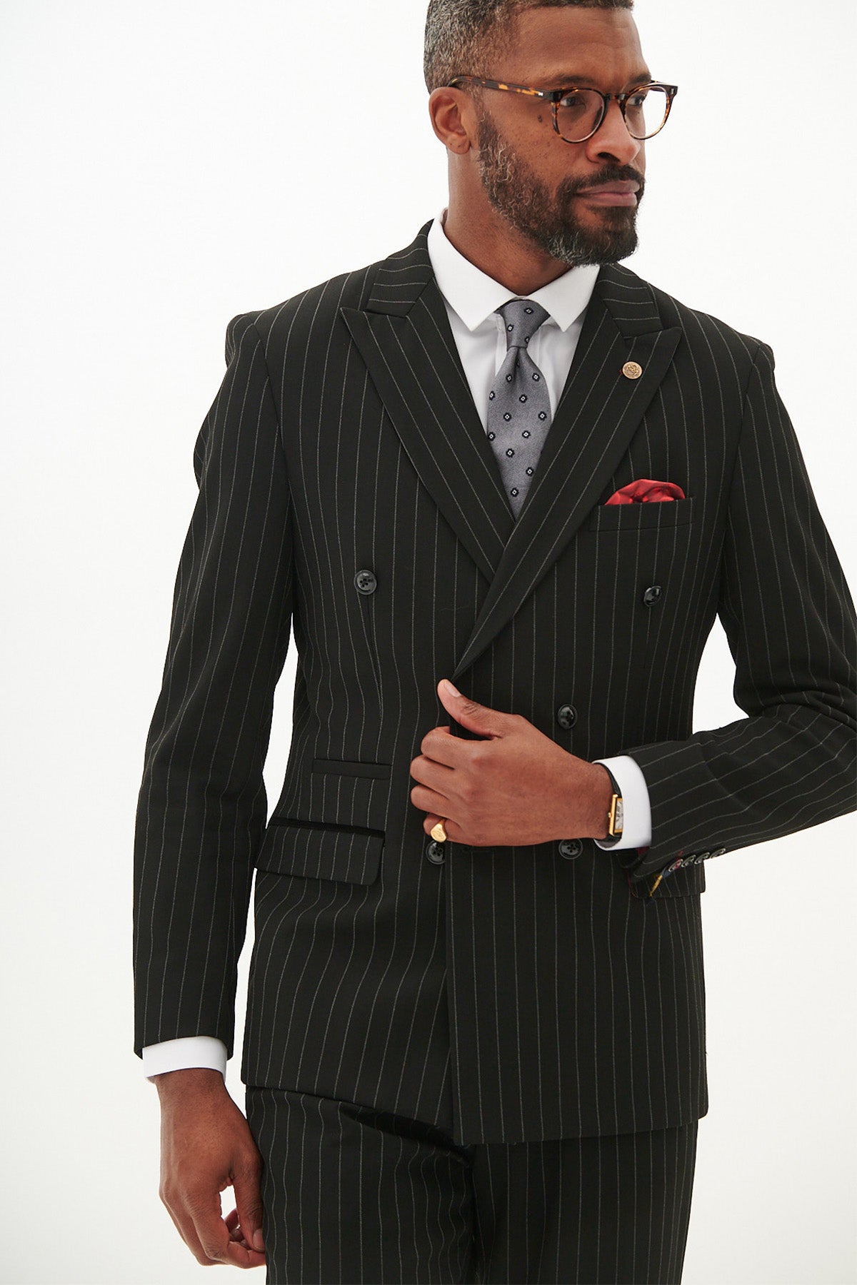 ROCCO Black Pinstripe Double Breasted Two Piece Suit for Men - Formal Business Attire & Wedding Outfit - Perfect for Office Meetings, Job Interviews and Special Occasions