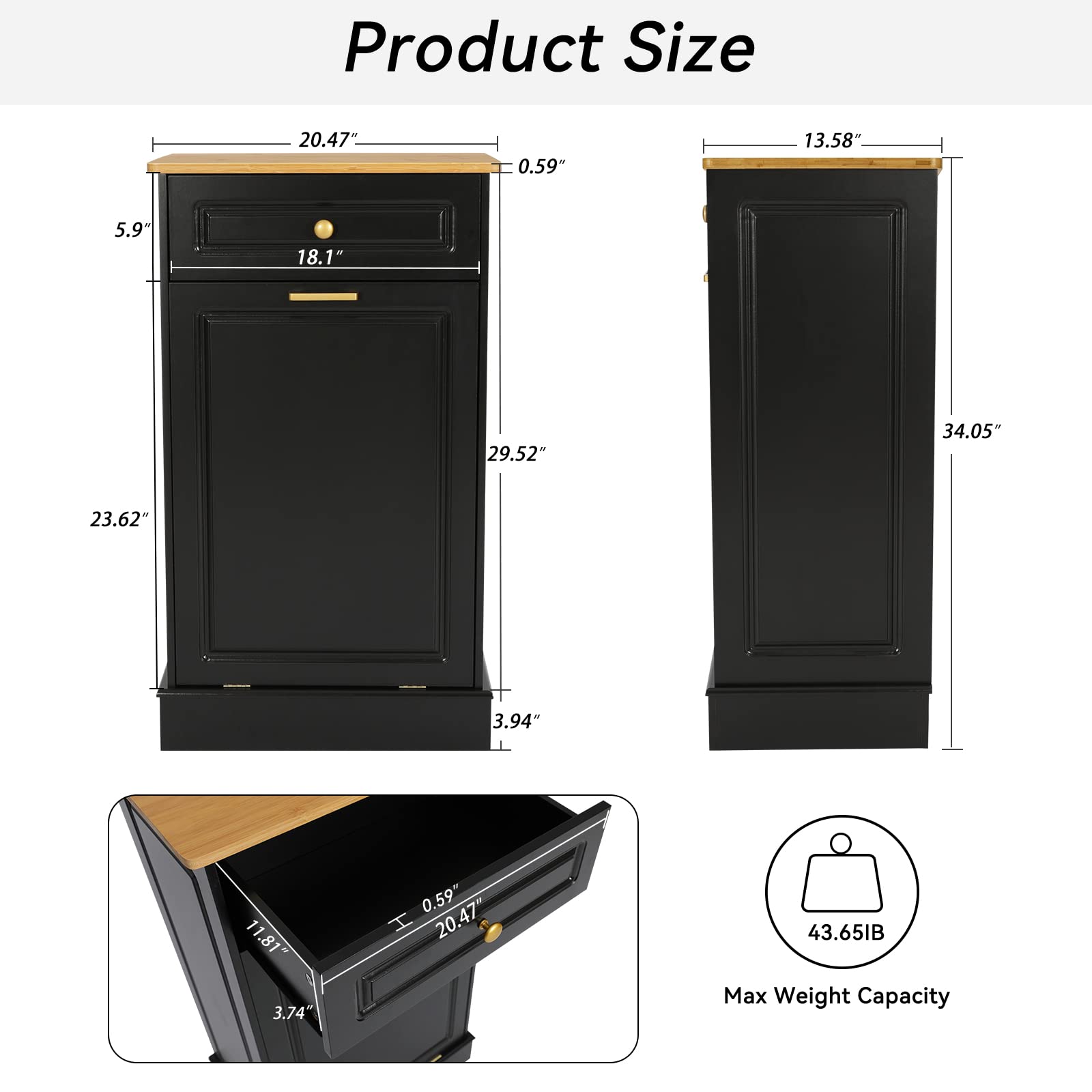 Anbuy Wooden Tilt-Out Trash Cabinet with Hideaway Drawer & Bamboo Cutting Board - Free Standing Kitchen Recycling Bin, Garbage Can Holder - Perfect for Small Spaces, Apartments & Eco-Friendly Homes (Black)