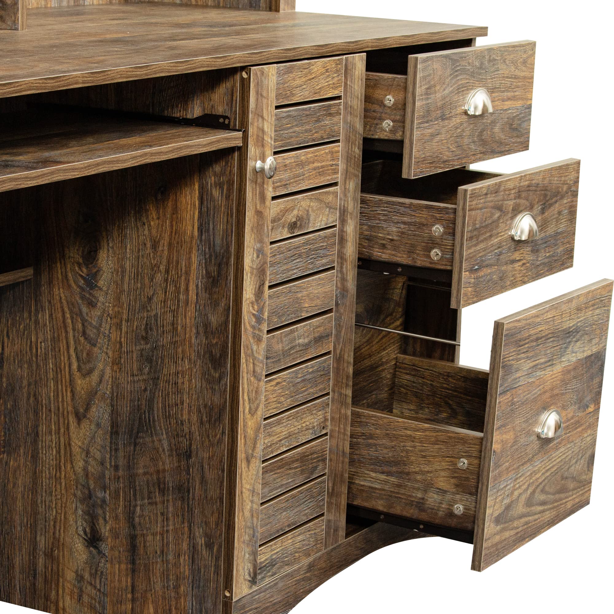 Compact Wooden Computer Desk with Hutch, Drawers & Bookshelf - Space-Saving Study Desk for Teens & Students, Home Office Writing Laptop Desk in Dark Brown - Perfect for Small Rooms, Dormitories & Workspaces