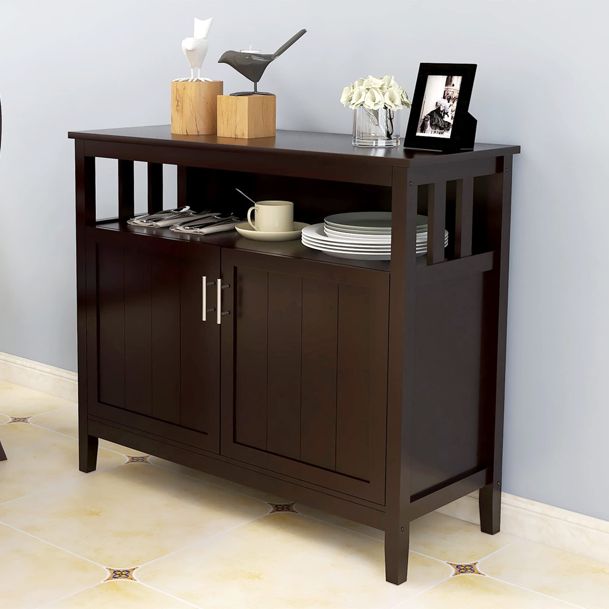 Goujxcy 40-inch Brown Kitchen Buffet Cabinet with 2 Doors & Adjustable Shelf - Free Standing Storage Sideboard for Dining Room, Living Room - Perfect for Organizing Dishes, Linens & Home Decor