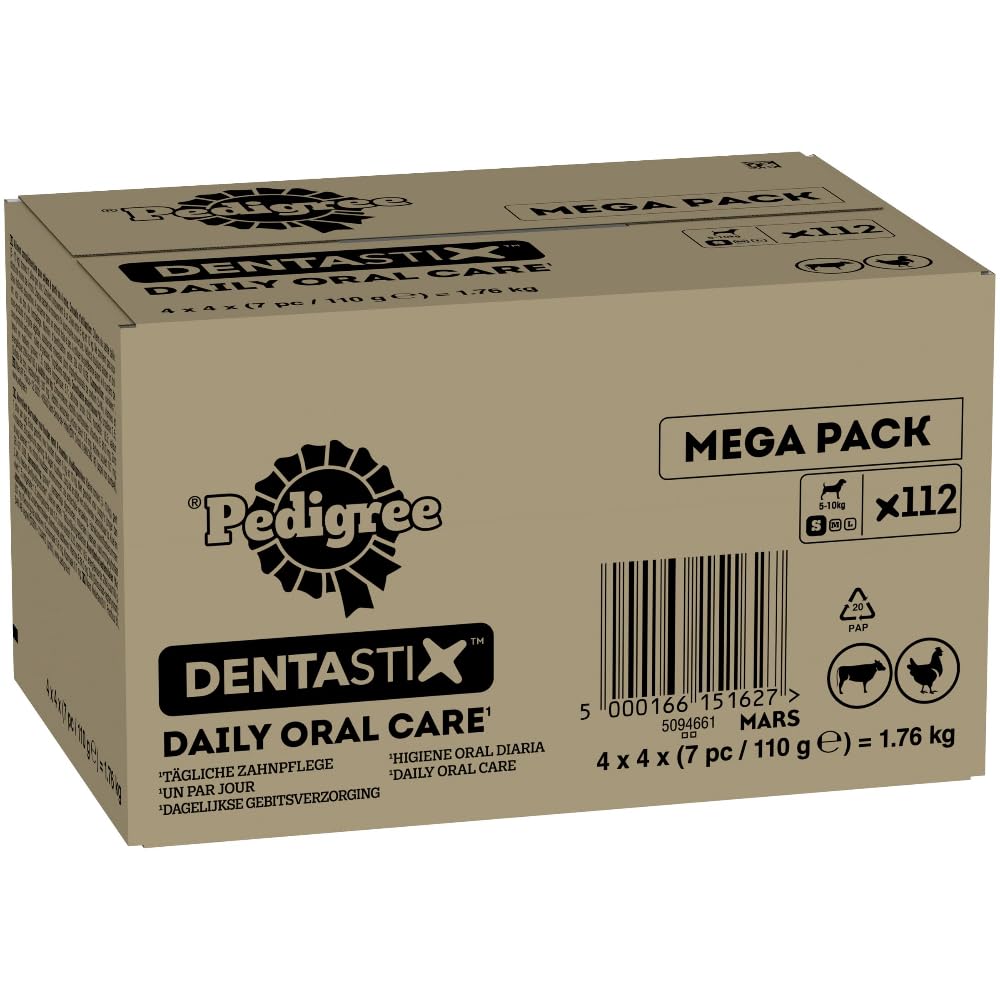 Pedigree DentaStix Dental Treats for Small Dogs 5-10kg | Daily Oral Care Chews | 112-Count Mega Pack (16 x 7 Sticks) | Promotes Fresh Breath & Healthy Teeth - Perfect for Training Rewards and Between-Meal Snacks