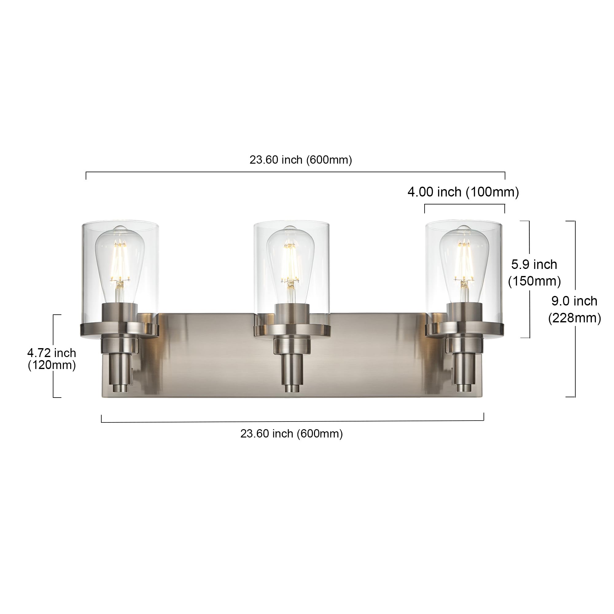 Modern 3-Light Bathroom Vanity Wall Sconce - Brushed Nickel Industrial Lighting Fixture with Clear Glass Shade, E26 Base - Perfect for Bathroom Mirror, Bedroom, Kitchen & Hallway Lighting Decor