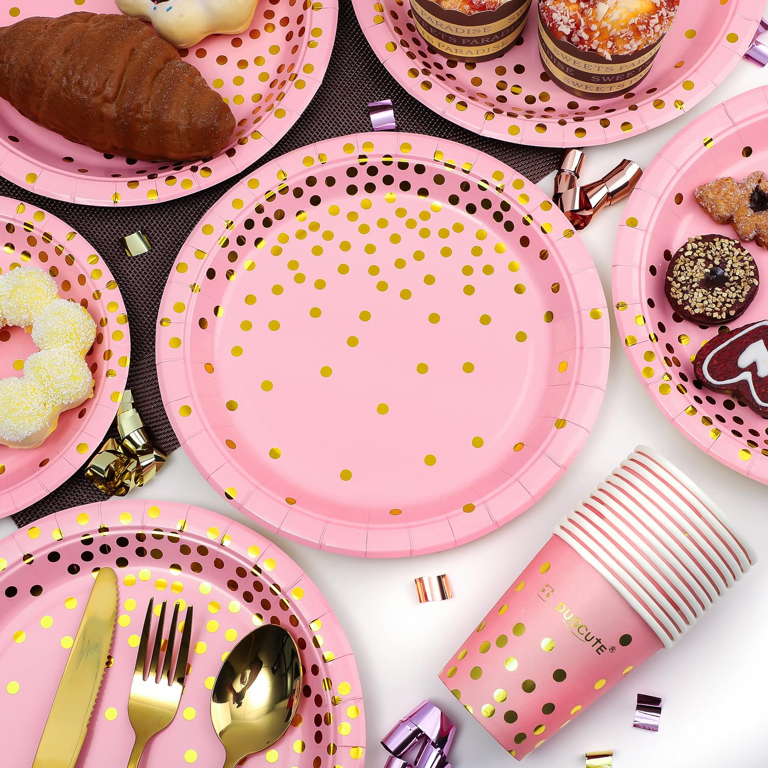 Elegant Pink & Gold Party Supplies Set - 150PCS Golden Dot Paper Dinnerware Includes Plates, Napkins, Cutlery & 12oz Cups with Banner - Perfect for Bachelorette Parties, Girls Birthday Celebrations & Baby Showers (Serves 25 Guests) - Ideal for Bridal Showers, Gender Reveals & Elegant Themed Events